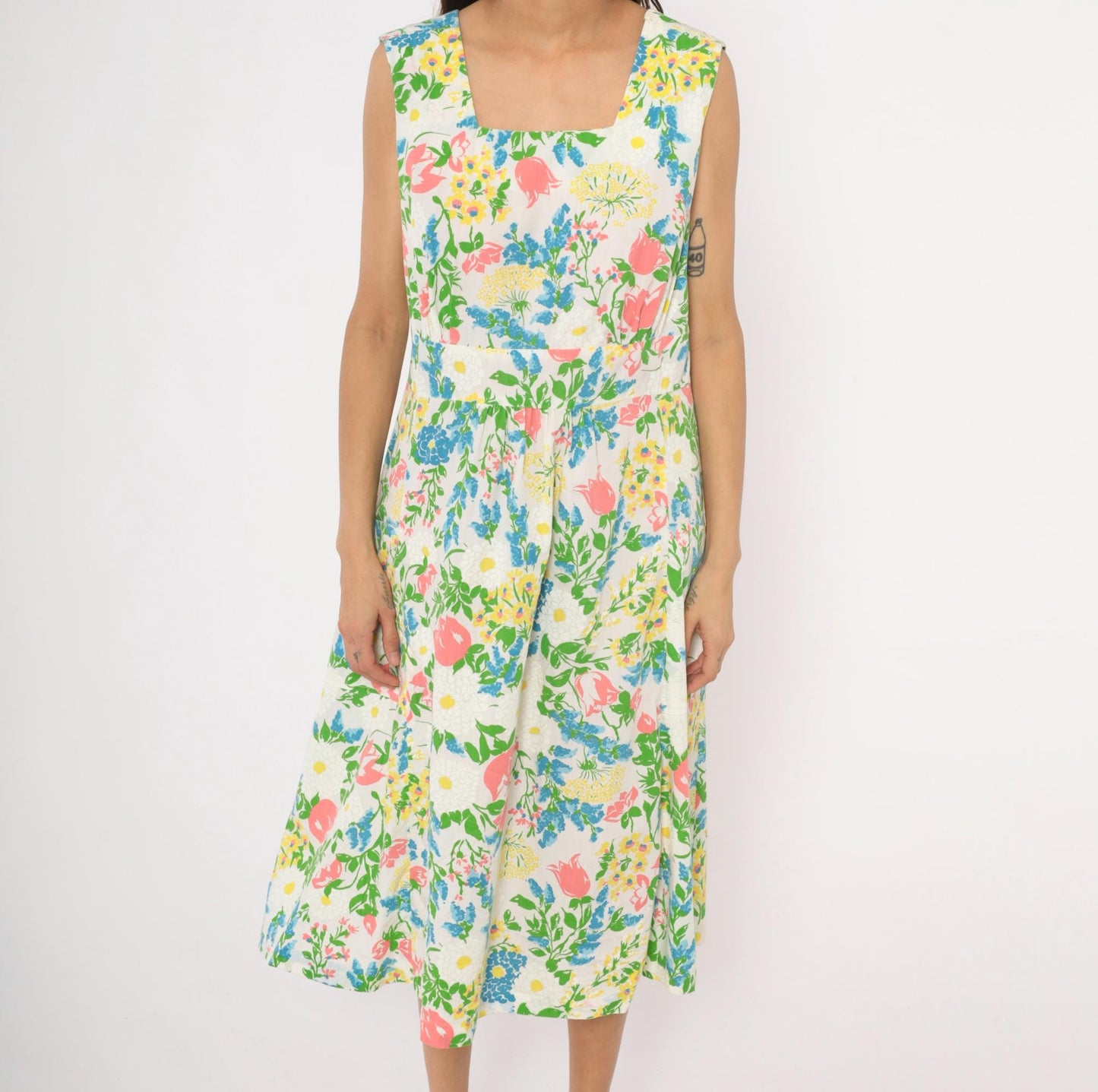 70s New Perspective Floral Midi Sundress Square Neck Pleated Cotton Pink Blue Large L