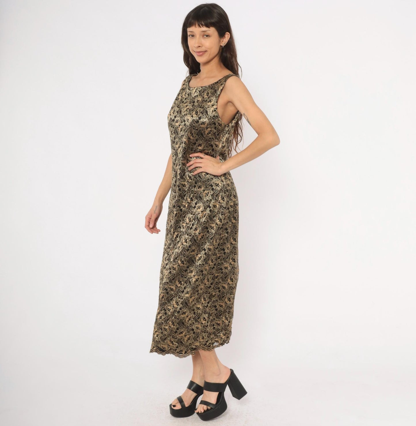90s Jessica Howard Gold Floral Lace Maxi Dress Black Sleeveless Large L