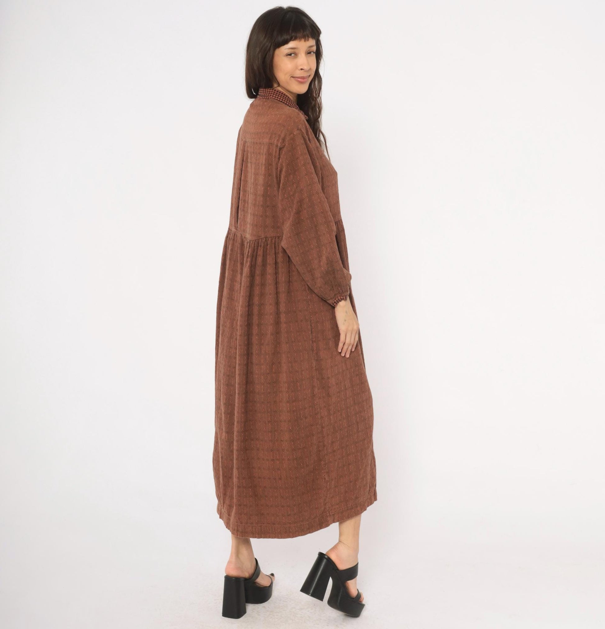 90s No Saint Brown Maxi Shirt Dress Houndstooth Collar Diamond Pattern Medium