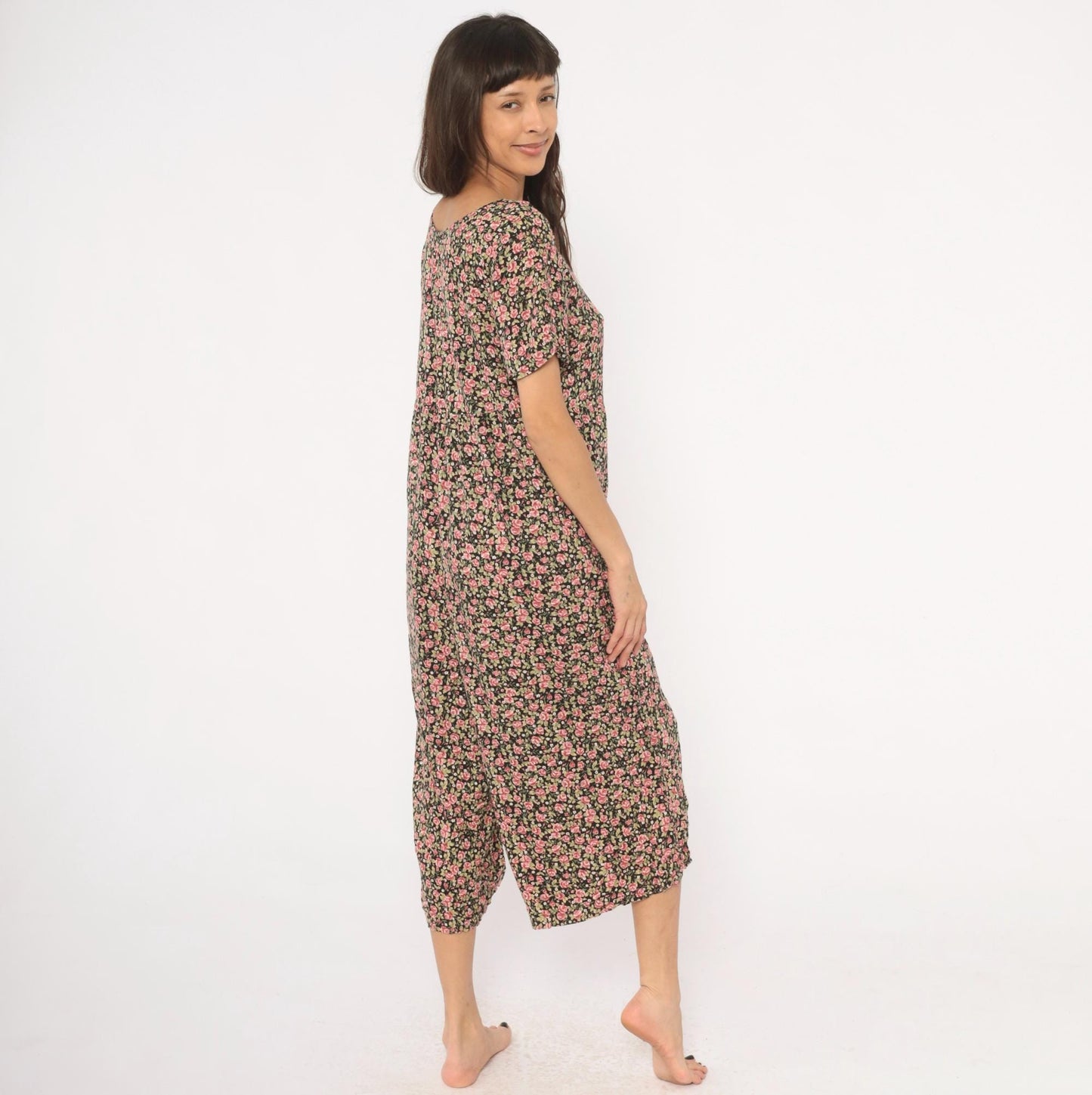 90s Black Floral Jumpsuit Wide Leg Rose Print Scoop Neck Medium M