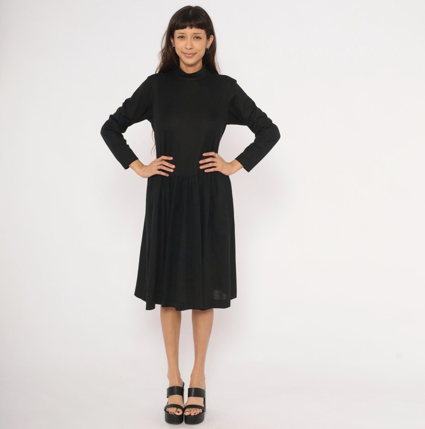 80s Vicky Vaughn Mock Neck Dress Black Drop Waist A-Line Medium M