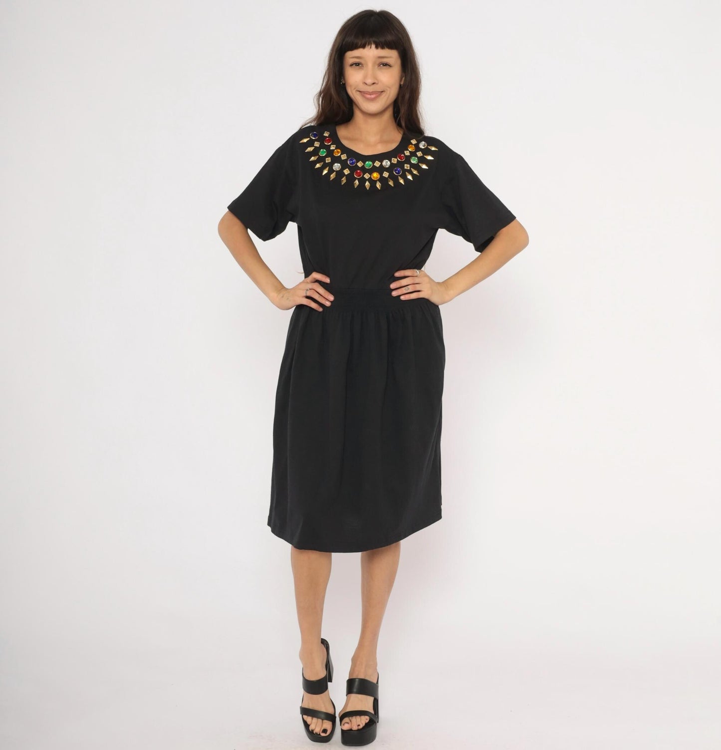 90s Cervelle Black Knee-Length Dress Rhinestone Jeweled Neckline Cotton Large L