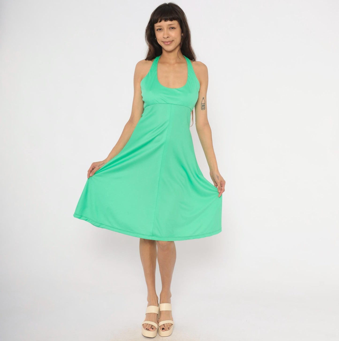 70s Joan Leslie Mint Green Halter Sundress Open Back Tie Neck Medium M