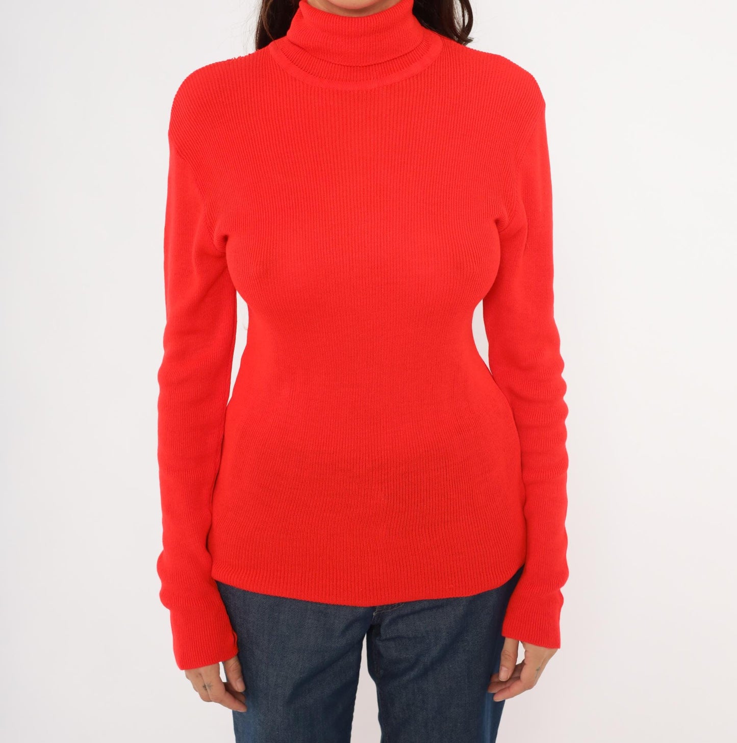 70s Red Turtleneck Sweater Ribbed Knit Pullover Button Cuff Medium Large