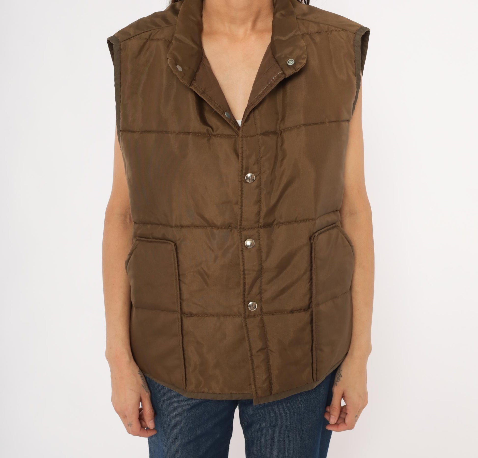 80s Brown Quilted Puffer Vest Snap Front Sleeveless Jacket Large L