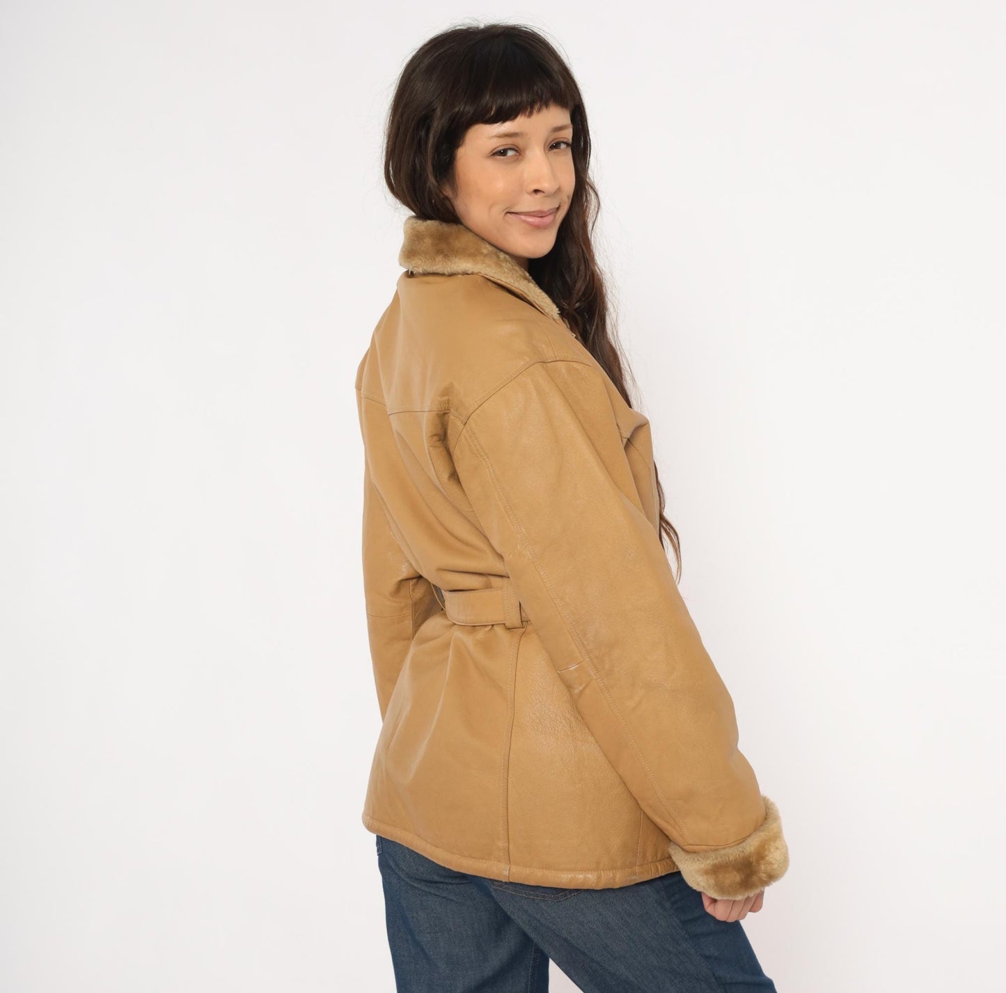 2000s Mny Tan Leather Jacket Fur-Trimmed Collar Belted Hip-Length Small S