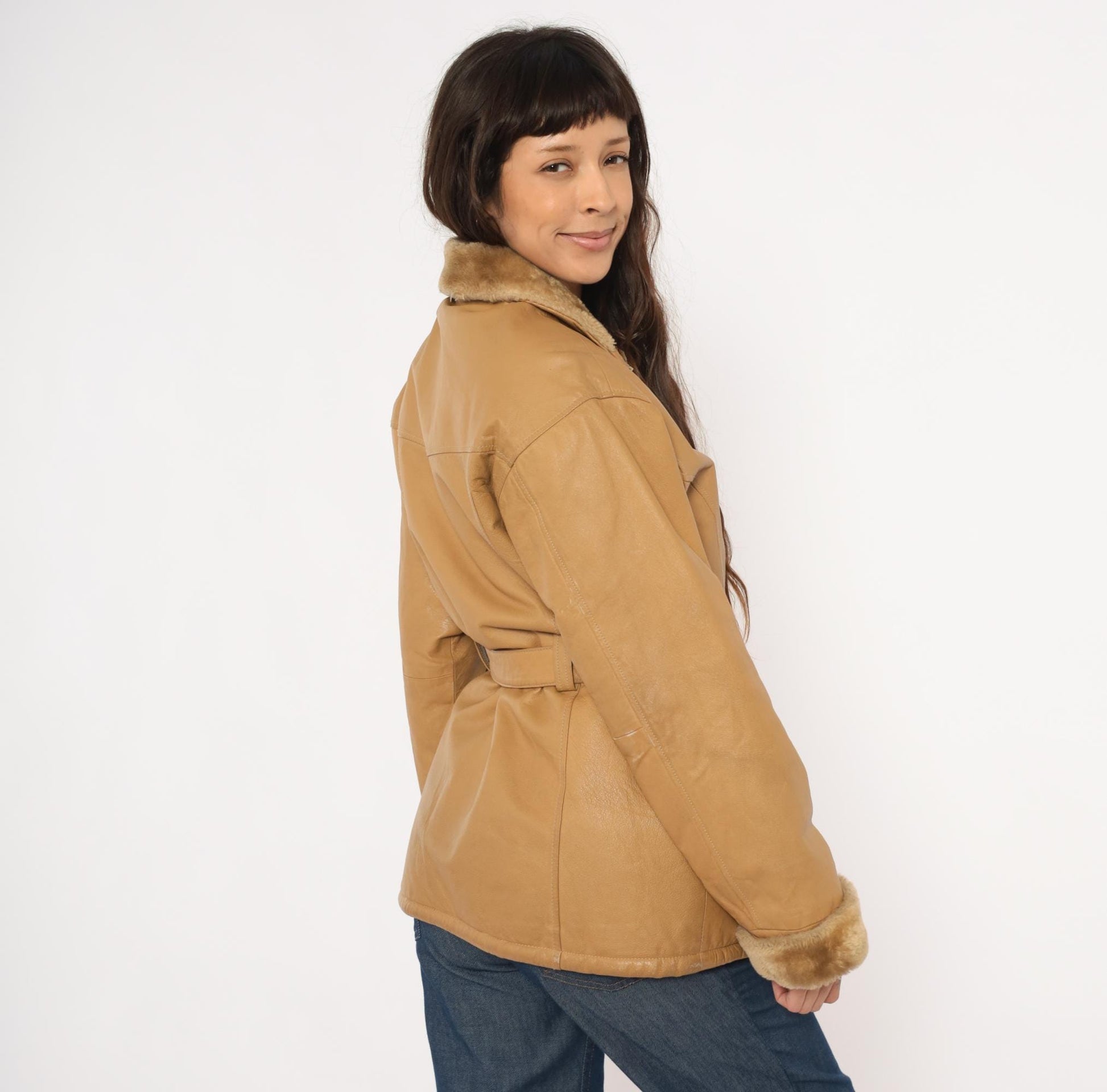 2000s Mny Tan Leather Jacket Fur-Trimmed Collar Belted Hip-Length Small S