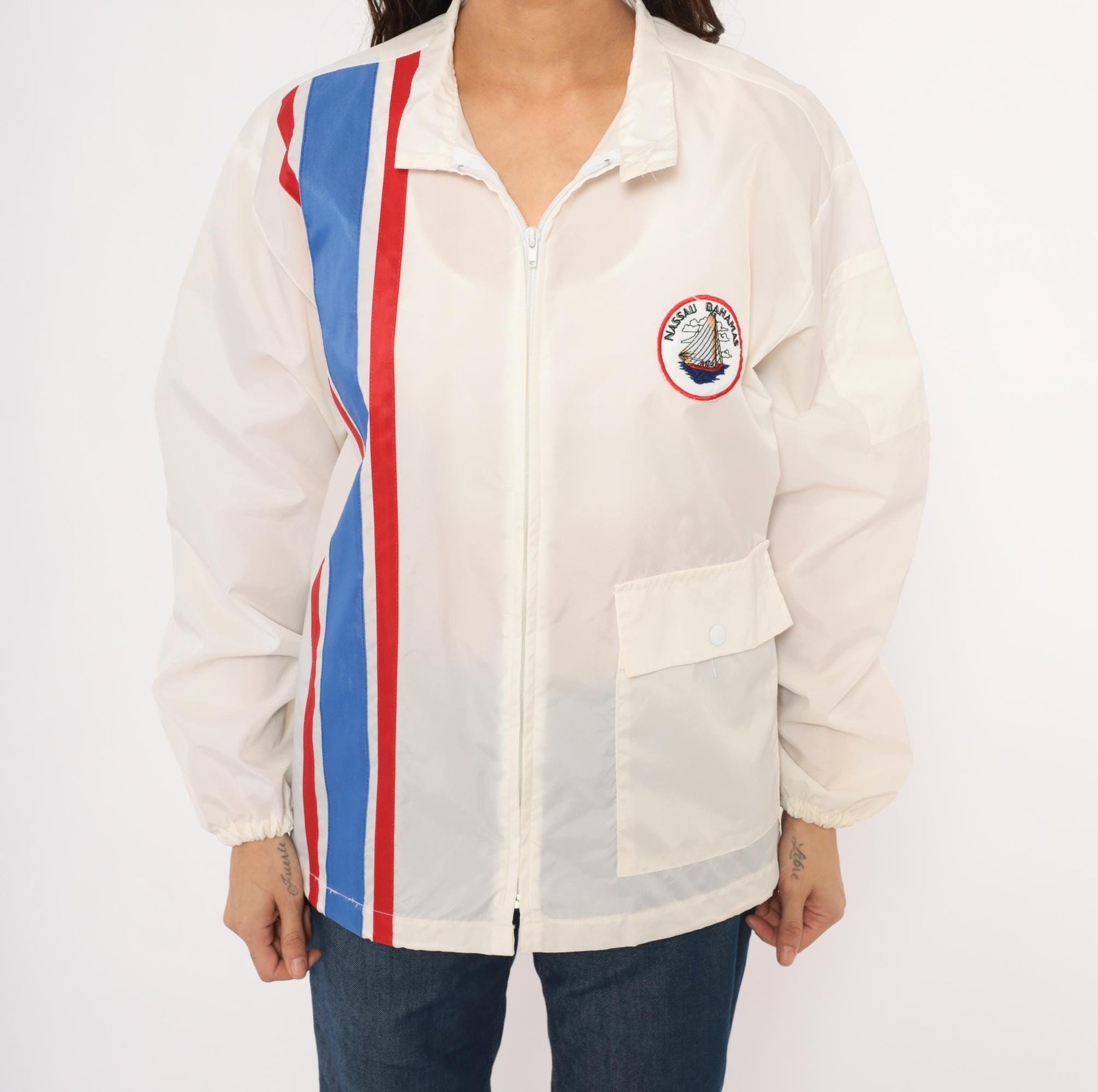 80s Club Nautique Windbreaker White Nylon Nassau Bahamas Sailing Patch Medium