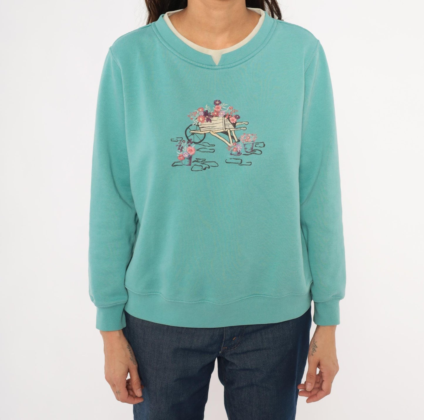 90s Shenanigans Embroidered Garden Wheelbarrow Sweatshirt Teal Medium