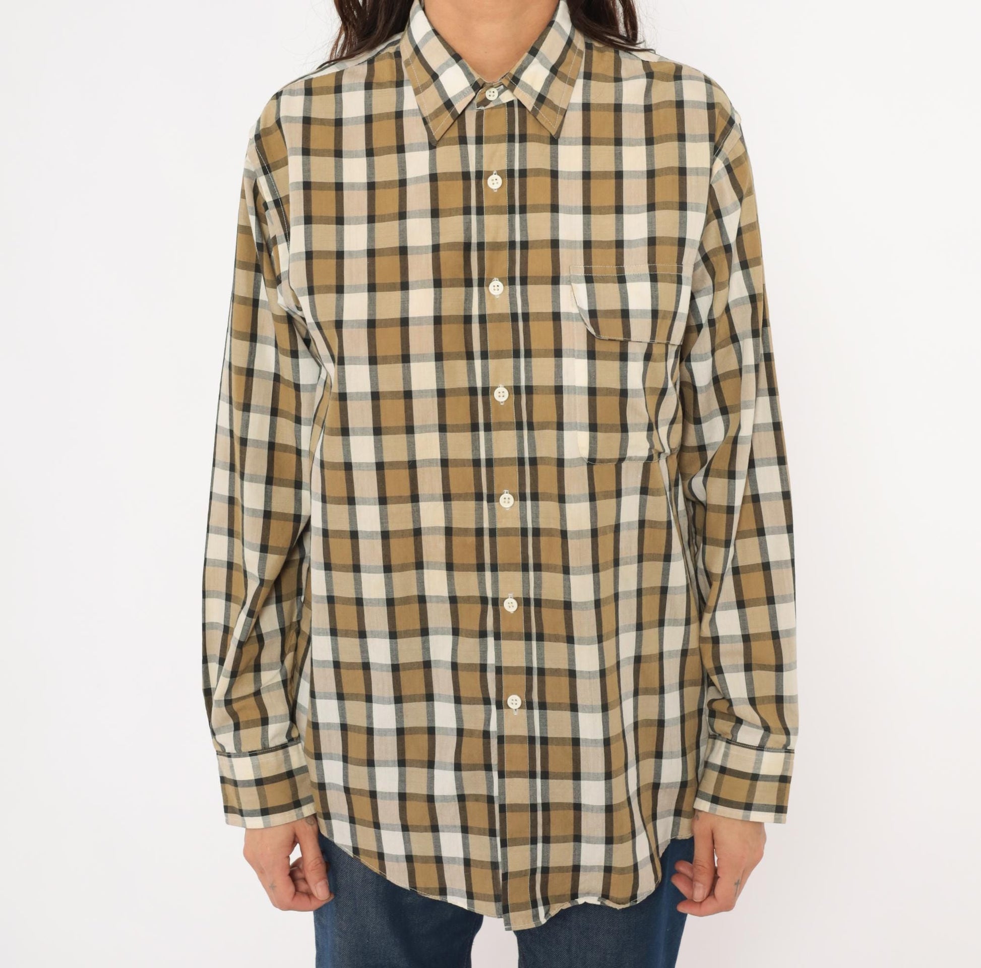 90s Steeplechase Plaid Button-Up Shirt Tan Navy Cream Medium