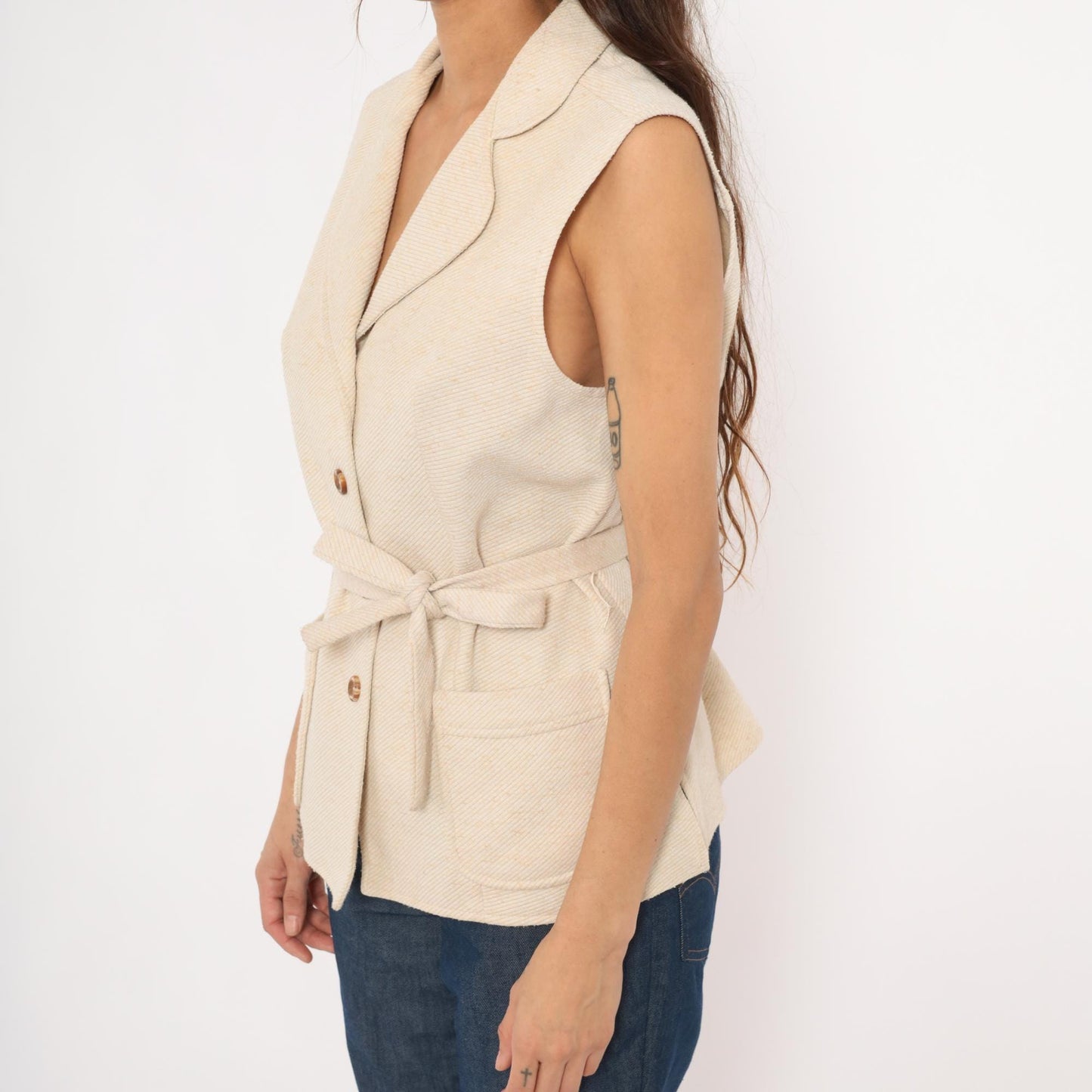 70s Cream Belted Vest Notched Lapel Button Front Tailored Waistcoat Medium