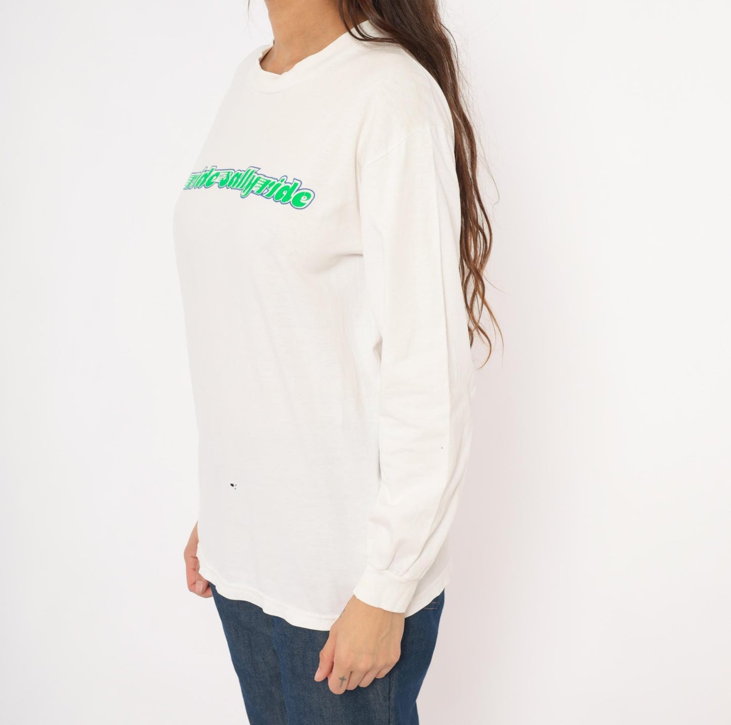 90s Hanes Ride Sally Ride Long Sleeve Tee Green Blue Wing Graphic White Medium M