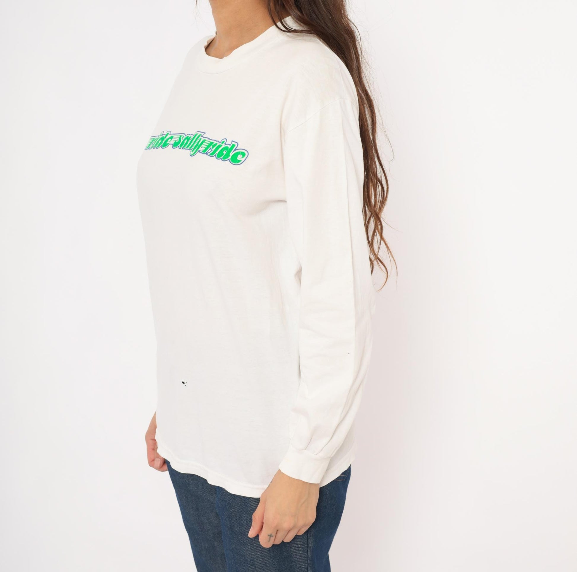 90s Hanes Ride Sally Ride Long Sleeve Tee Green Blue Wing Graphic White Medium M