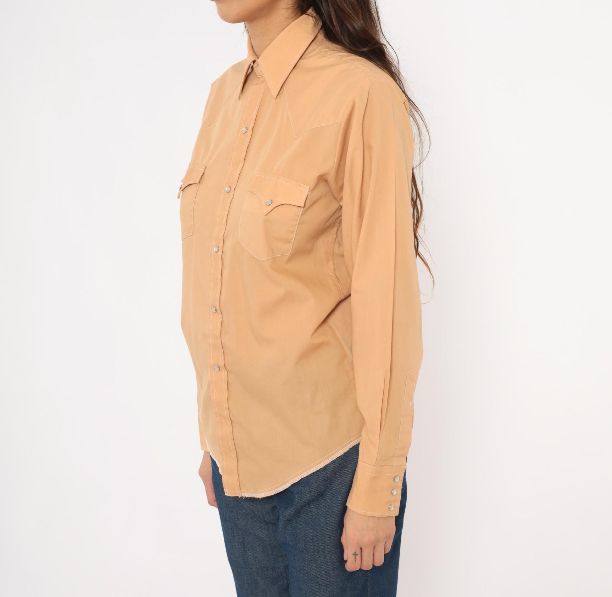 80s Western Fashions Pearl Snap Shirt Peach Cotton Pointed Collar Yoke Small
