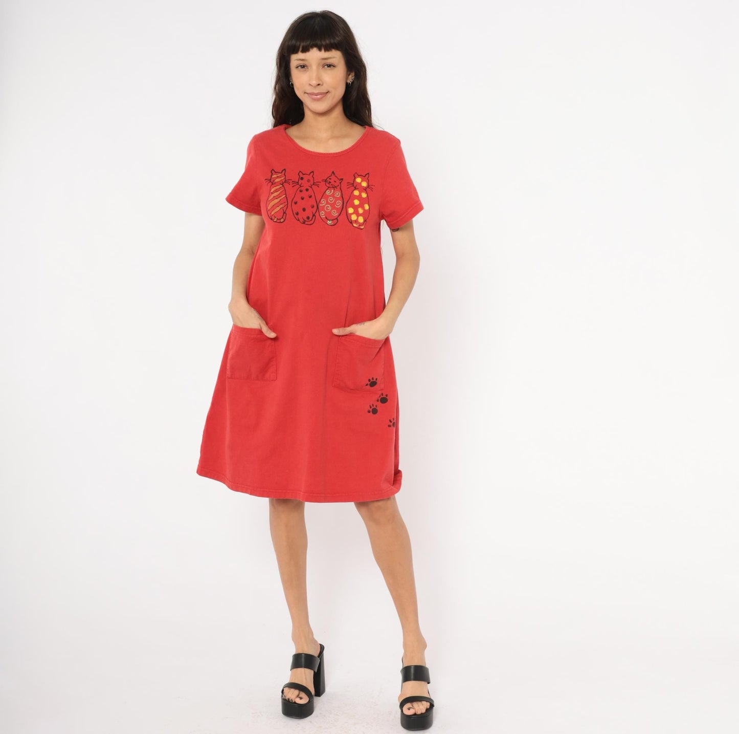 90s Cat T-Shirt Dress Red Cotton Graphic Paw Print Scoop Neck Small Medium