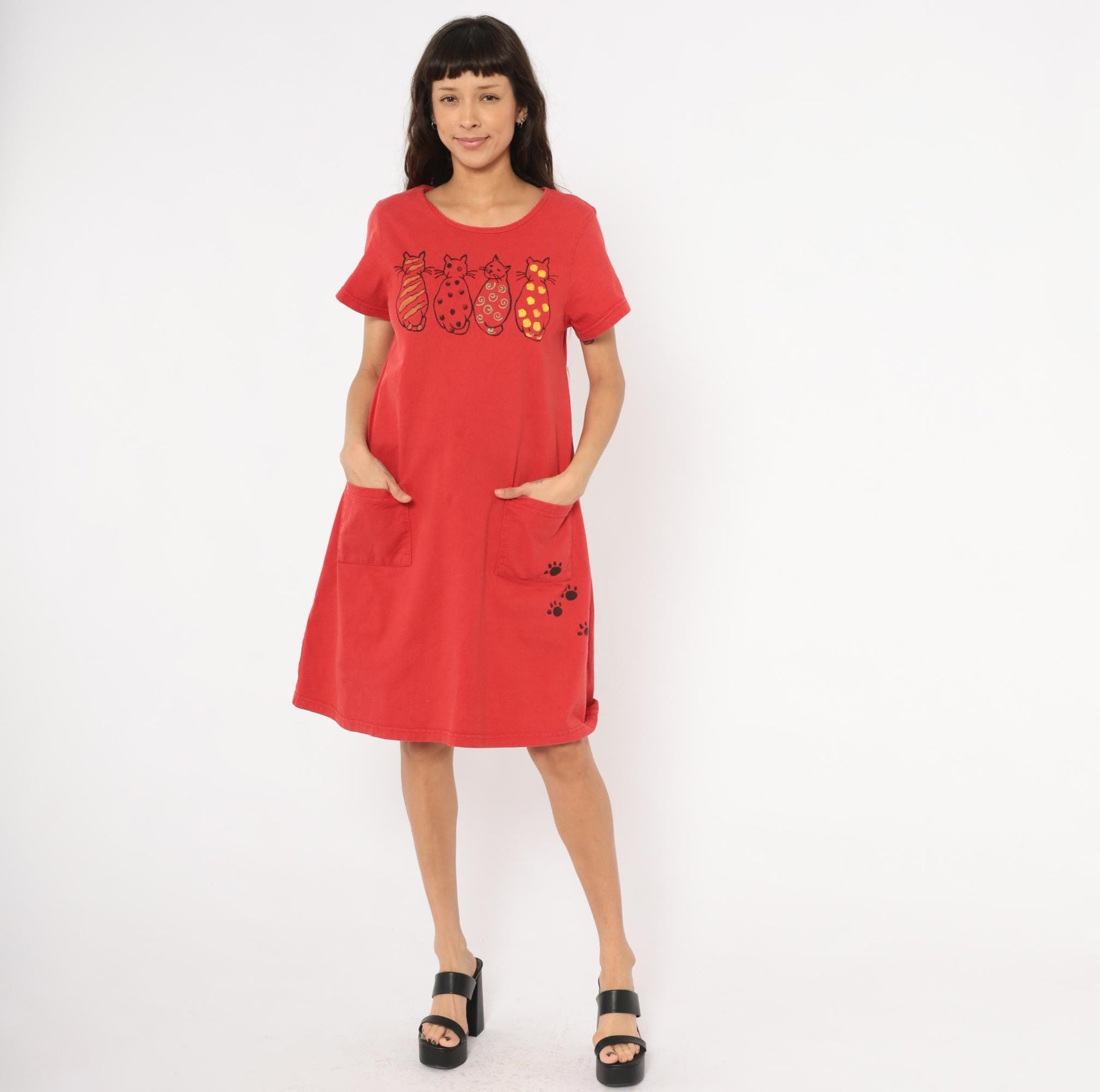 90s Cat T-Shirt Dress Red Cotton Graphic Paw Print Scoop Neck Small Medium