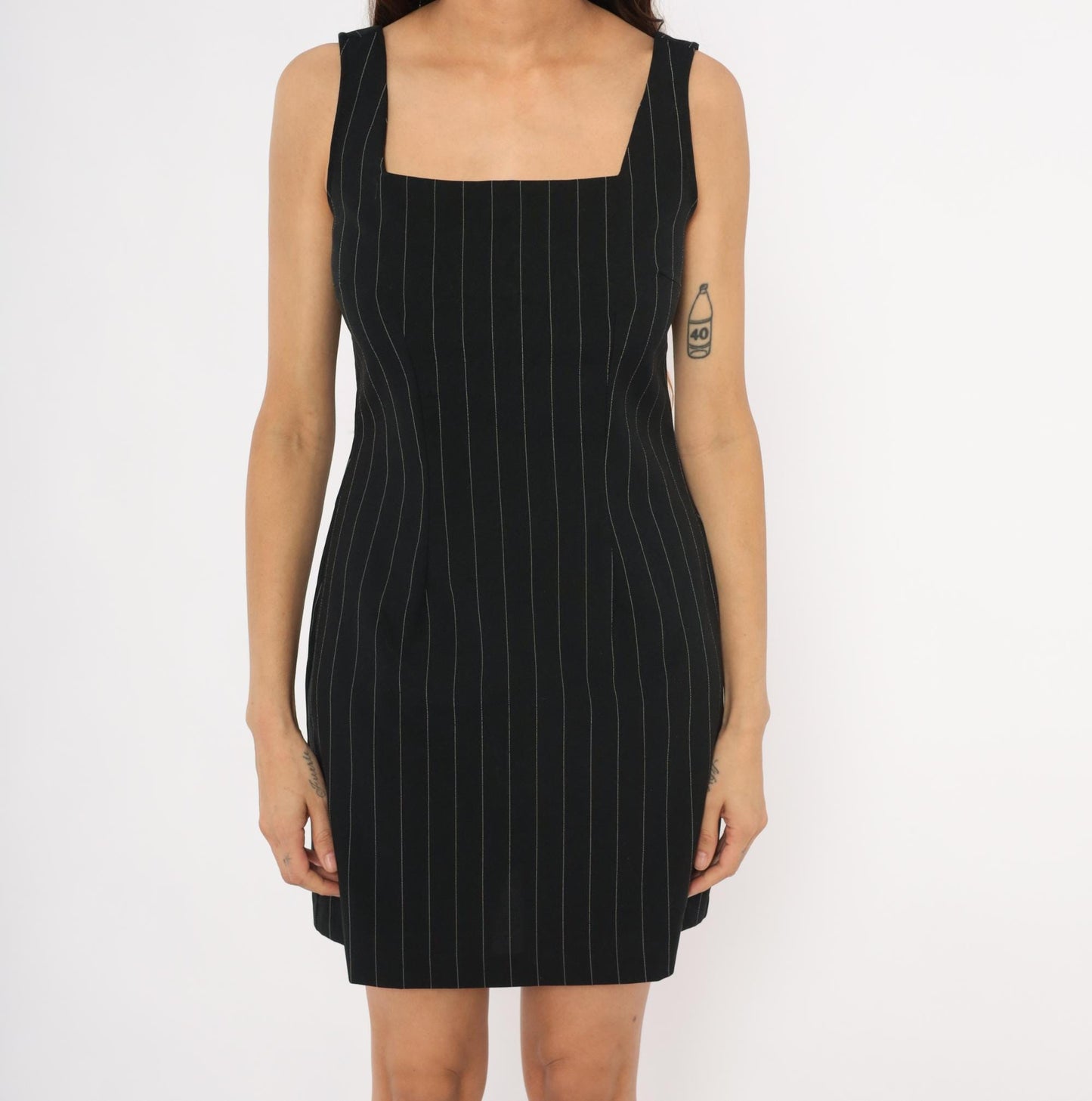 90s B Time Pinstripe Mini Dress Black White Stripes Square Neckline Small