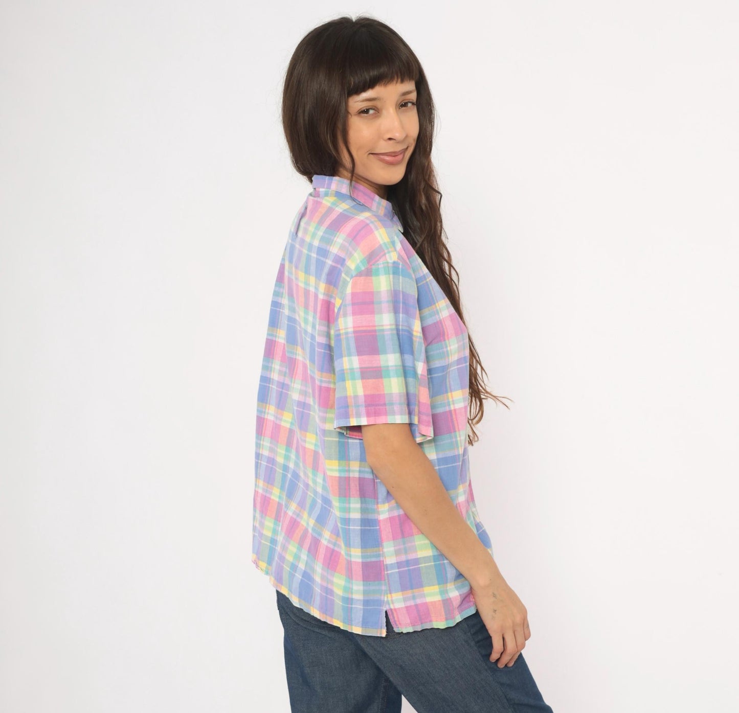 80s Jessica Tyler Madras Plaid Button-Up Blouse Pink Lavender Blue Cotton Large L