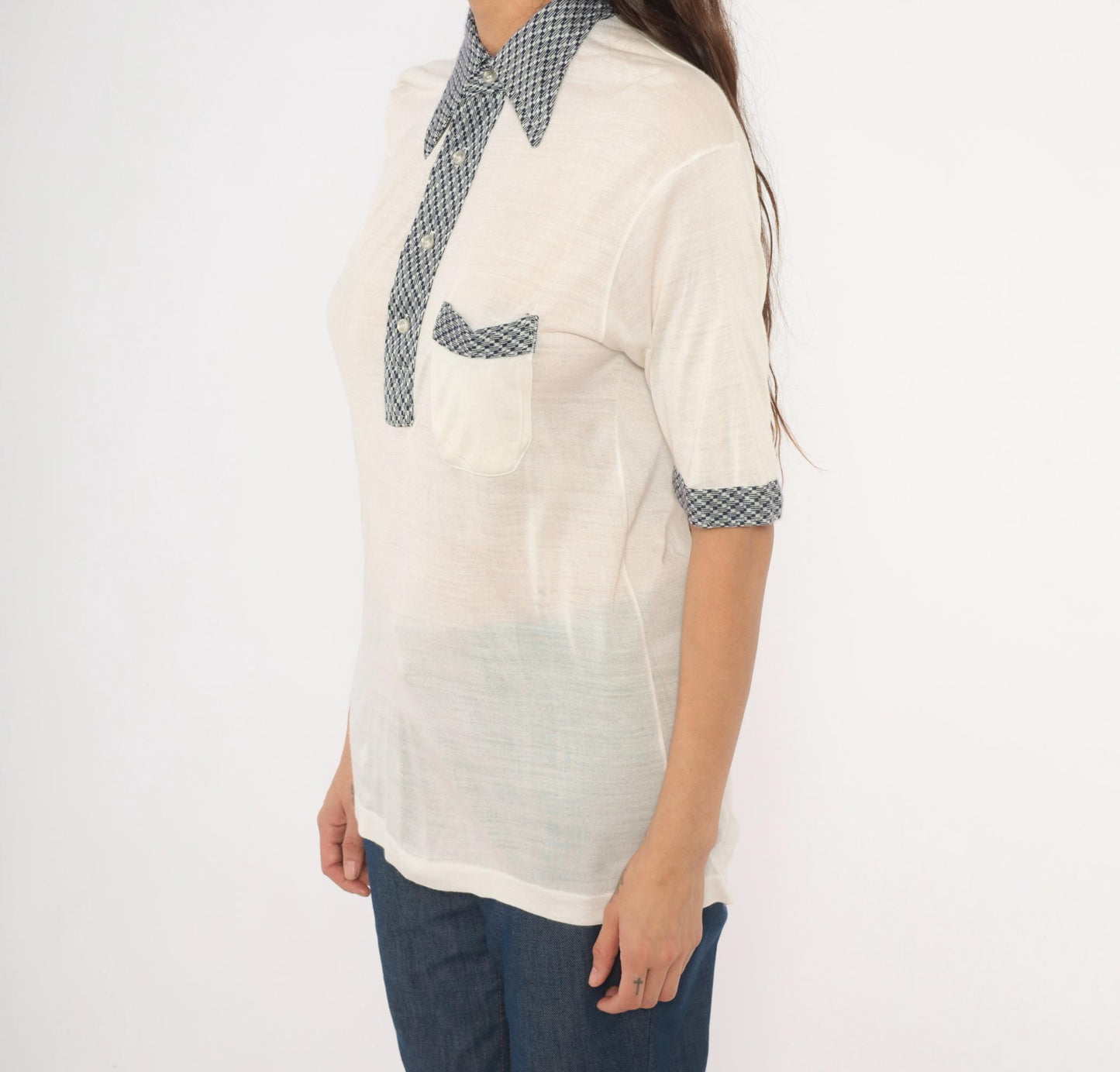 80s Drummond Houndstooth Polo Cream Navy Check Collar Knit Blouse Medium