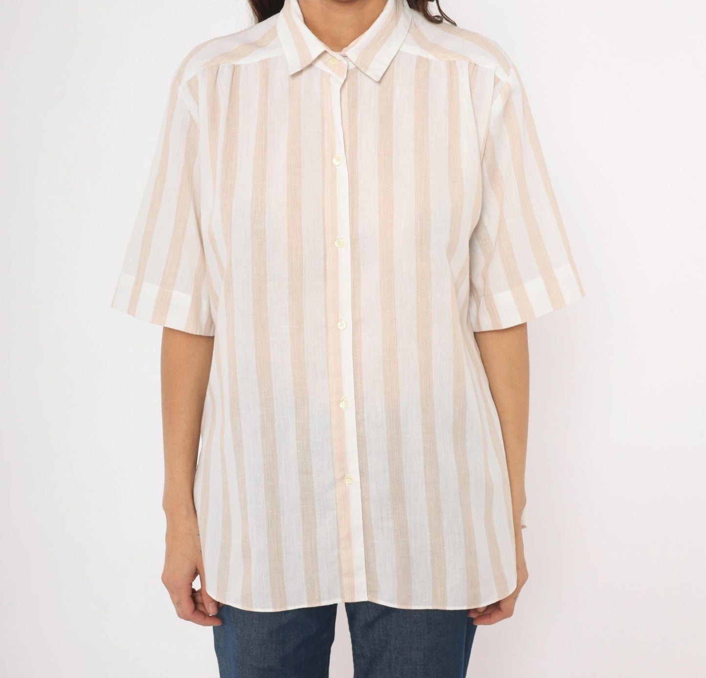 80s All Hours Cream Tan Striped Button-Front Blouse Pointed Collar Large