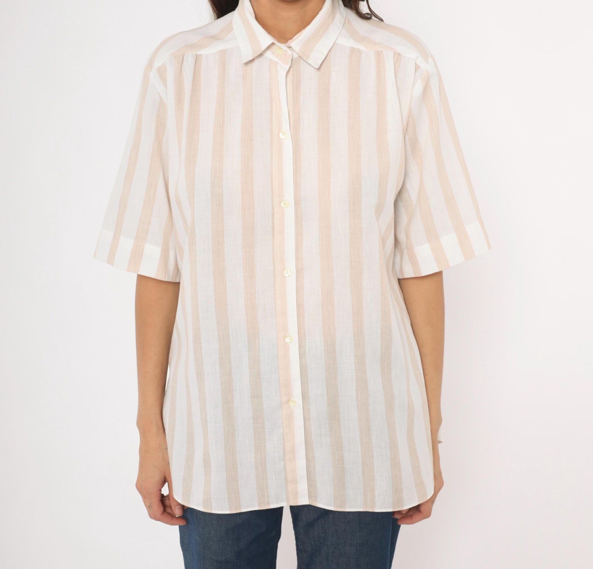 80s All Hours Cream Tan Striped Button-Front Blouse Pointed Collar Large