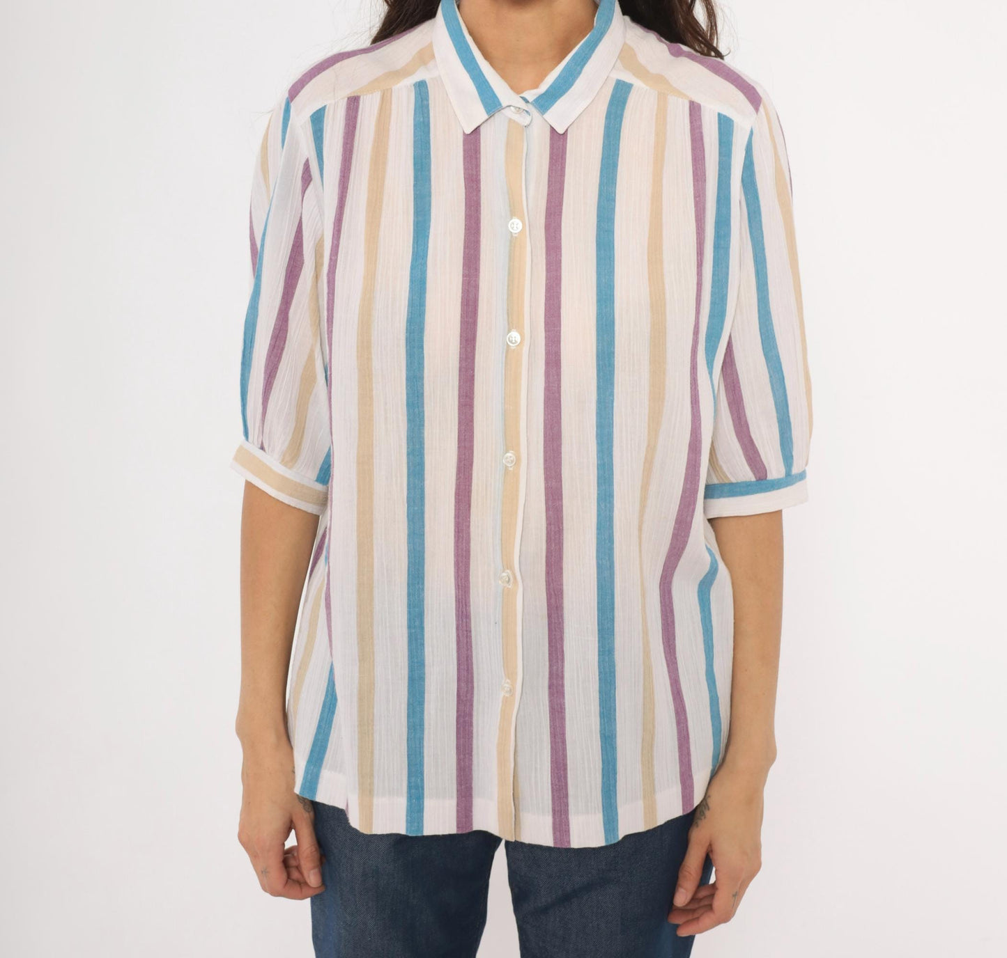 80s Koret Vertical Stripe Button Front Blouse Cream Purple Blue Tan Extra Large XL