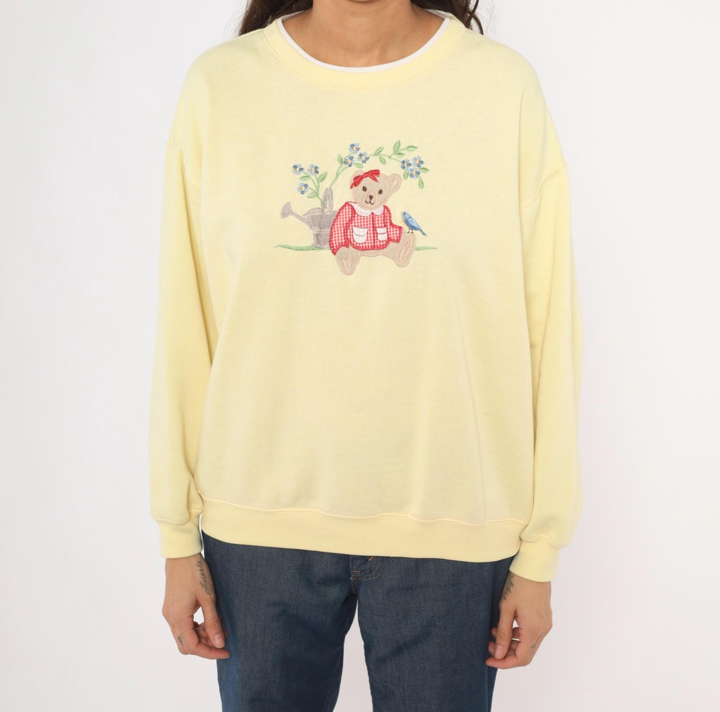 90s Classic Elements Teddy Bear Embroidered Sweatshirt Butter Yellow Crewneck Large L