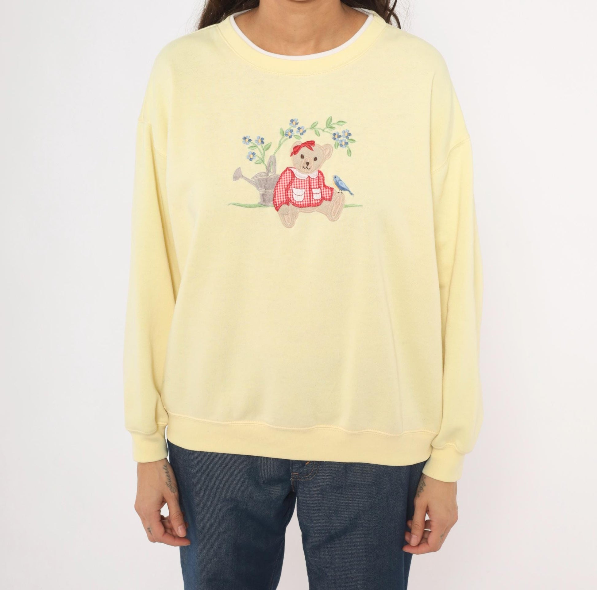 90s Classic Elements Teddy Bear Embroidered Sweatshirt Butter Yellow Crewneck Large L