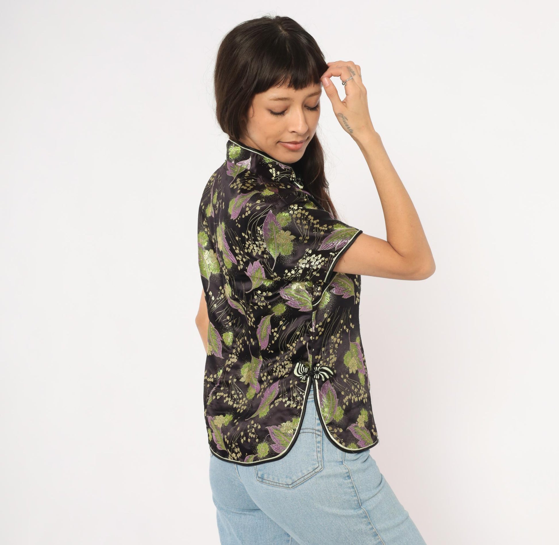 90s Mimi Cheongsam Top Black Brocade Floral Mandarin Collar Plus Size XXL