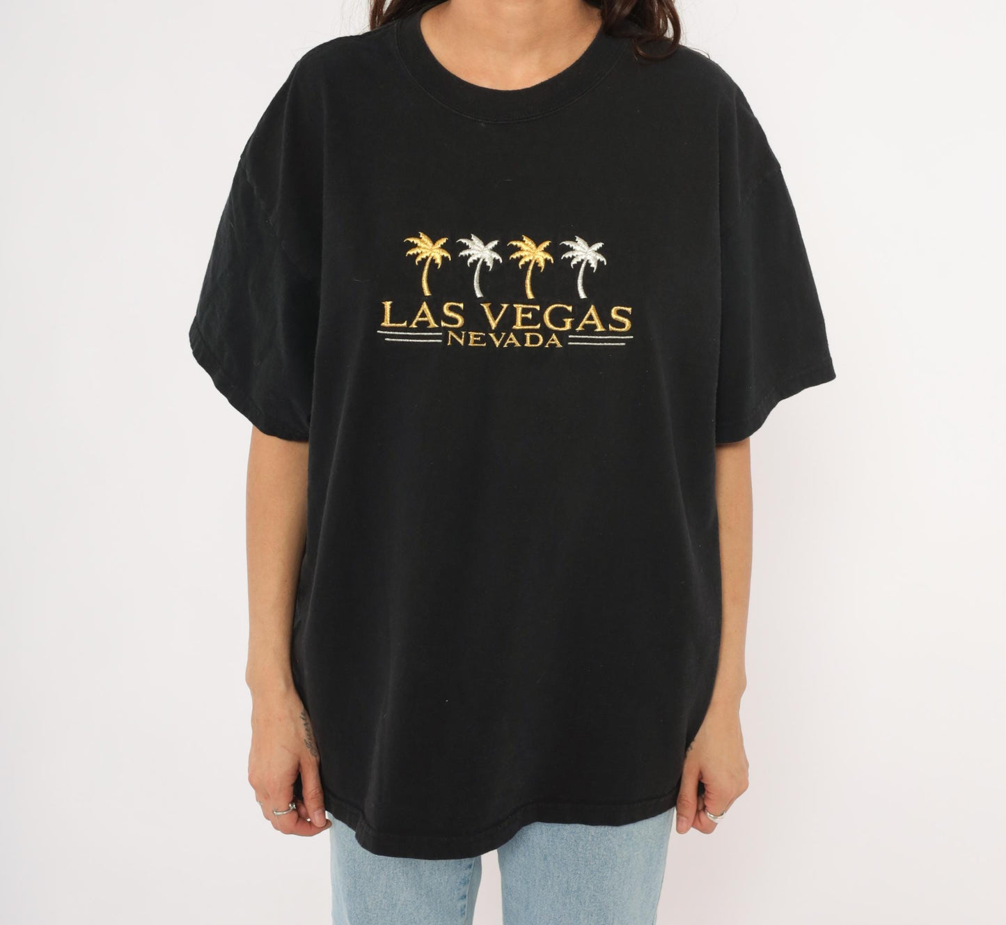 90s Las Vegas Nevada Embroidered Palm Tree Tee Black Cotton Mens Extra Large XL