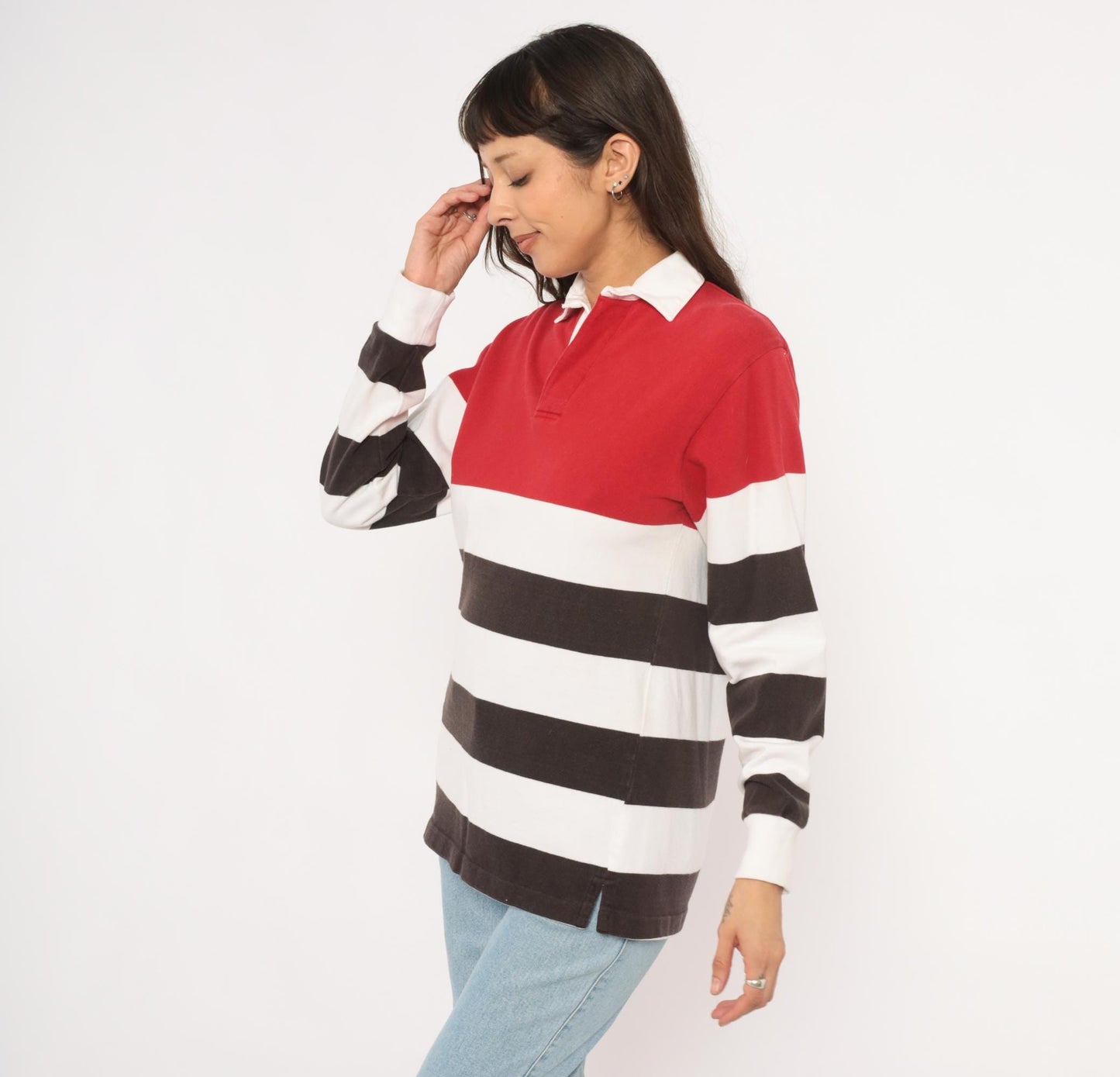 90s Cambridge Classics Rugby Shirt Striped Red White Brown Cotton Small
