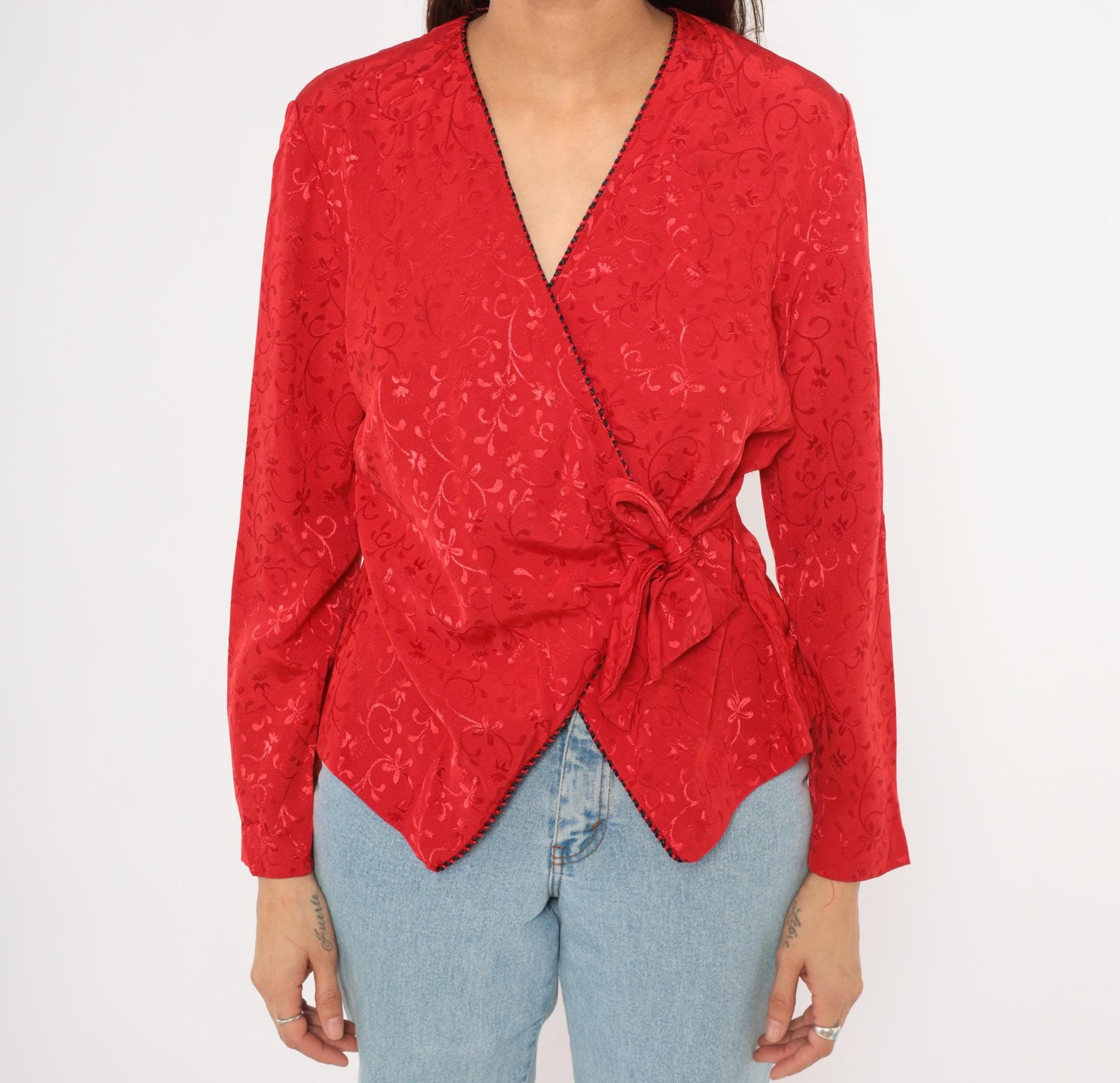 90s SL Petites Red Jacquard Wrap Blouse Floral Vine Embossed Small S