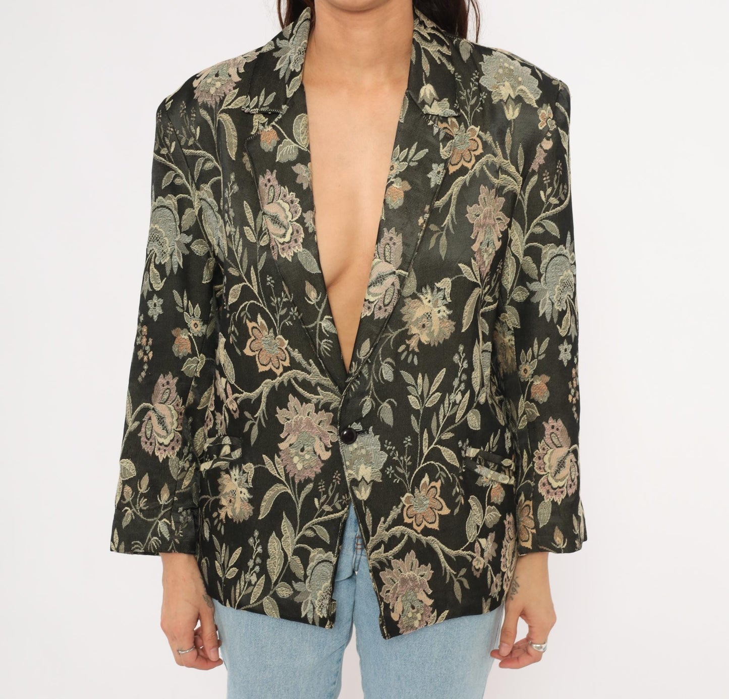 90s Z Cavaricci Floral Jacquard Blazer Black Tapestry Cotton Medium M