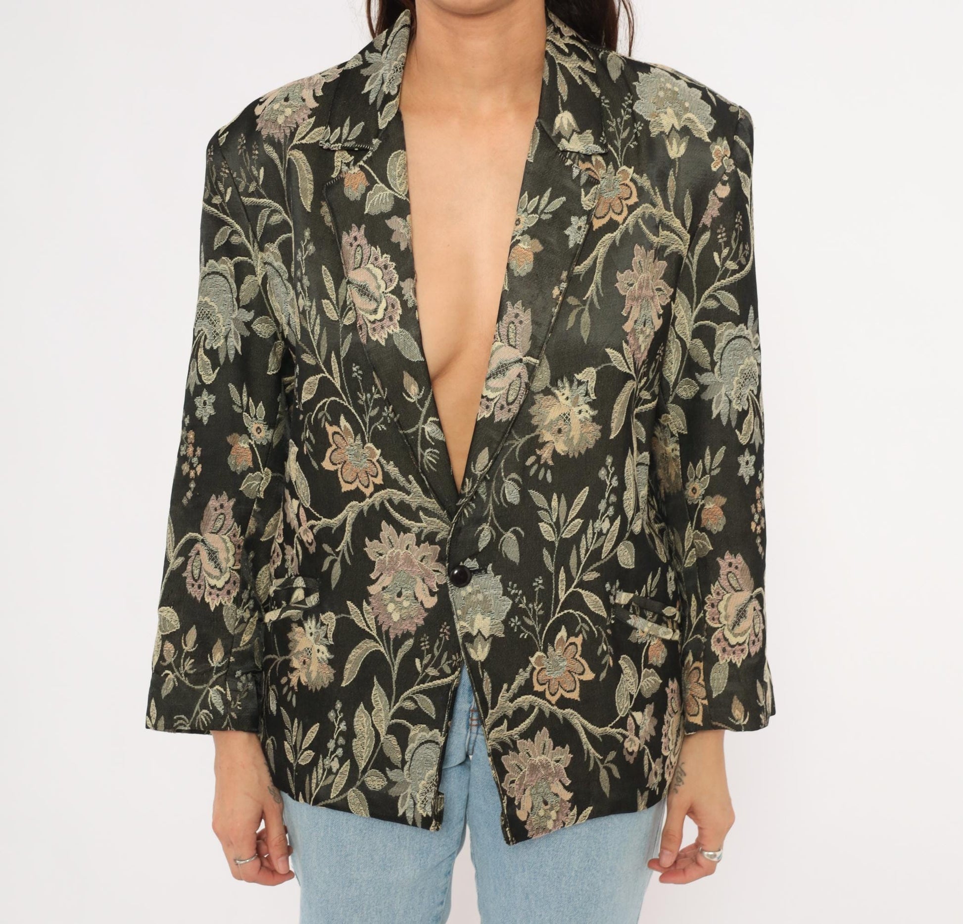 90s Z Cavaricci Floral Jacquard Blazer Black Tapestry Cotton Medium M