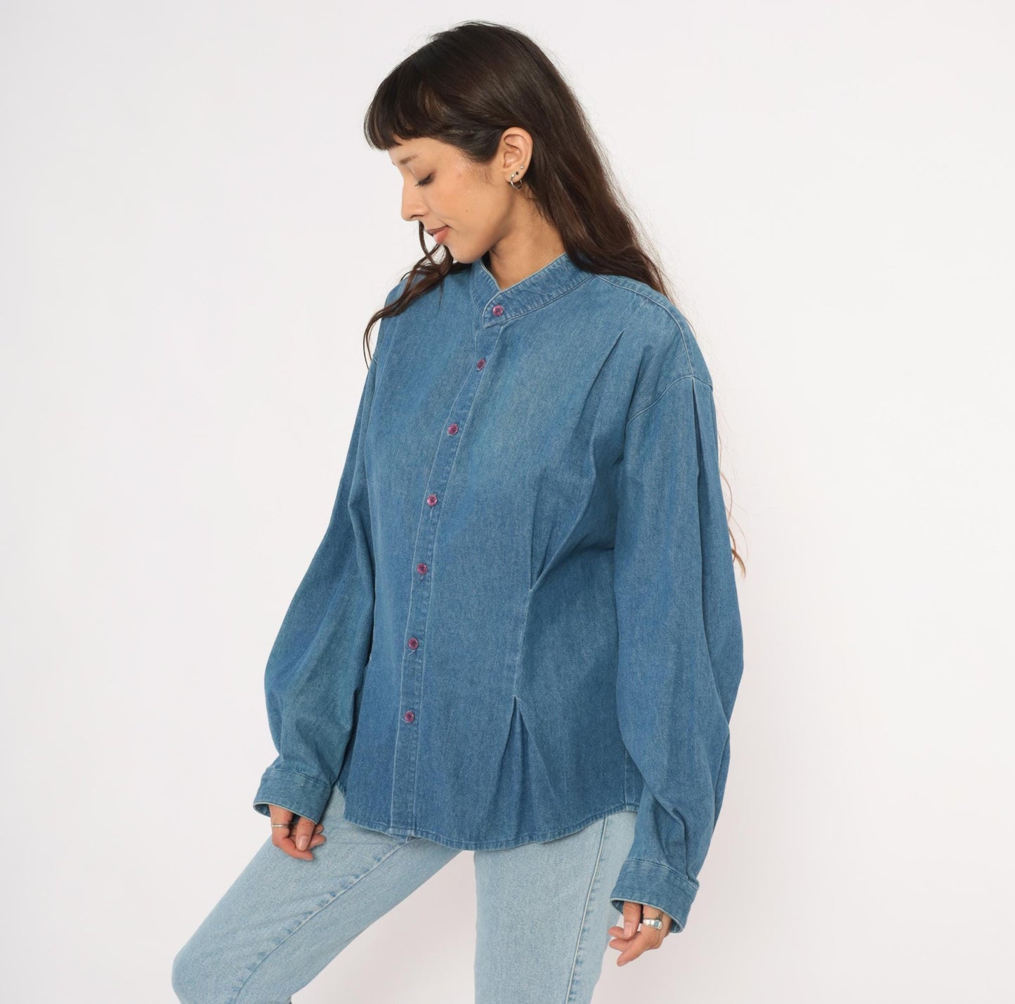 90s International Male Denim Shirt Mandarin Collar Button Front Blue Chambray Large L