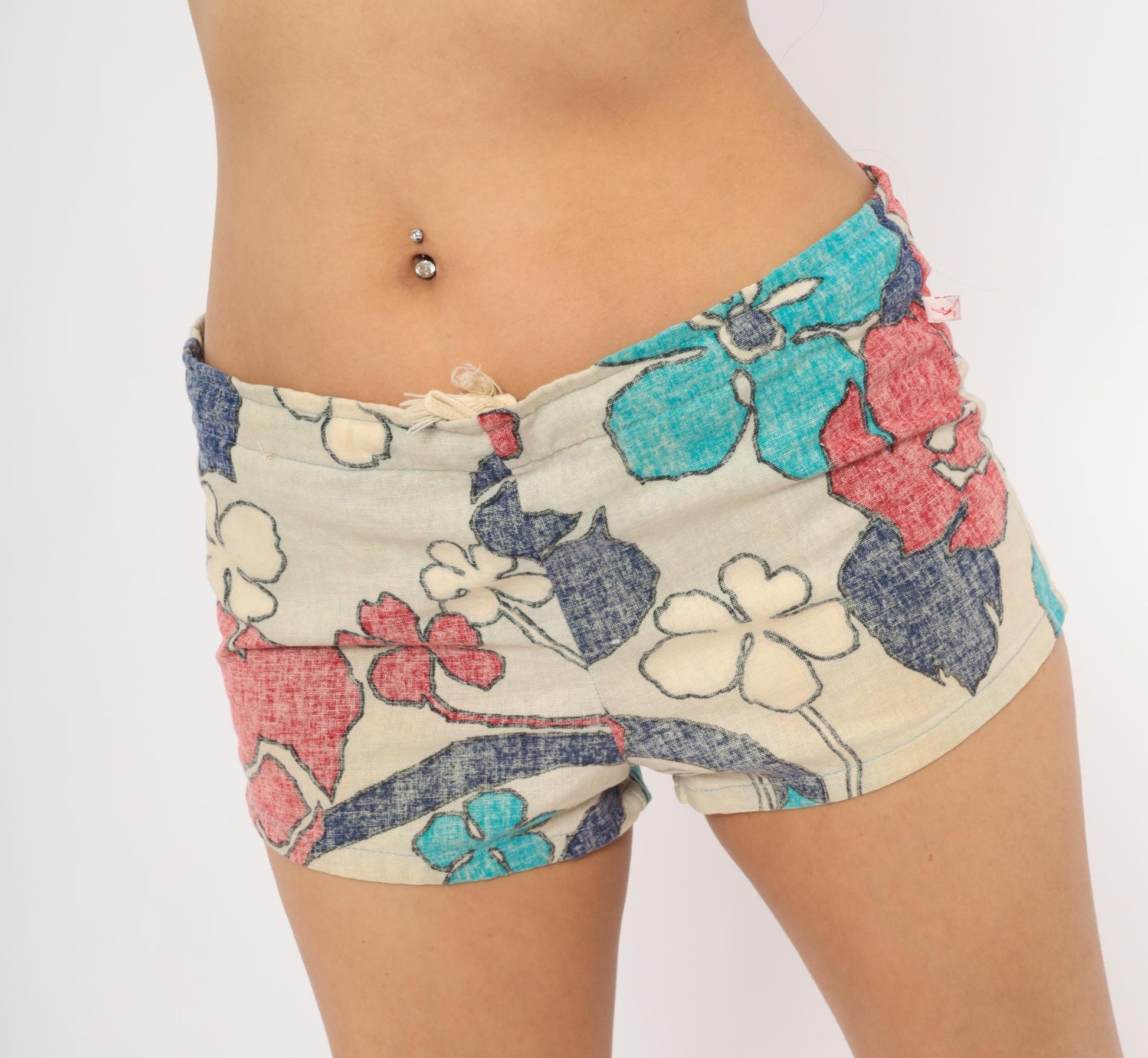 80s Jantzen Floral Drawstring Shorts Cotton Low Rise Mini Coral Turquoise Small