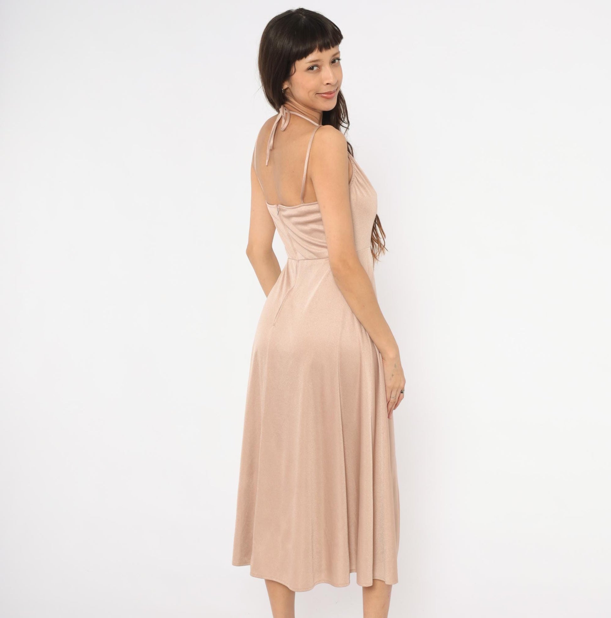 70s Nude Halter Midi Dress Wrap Front Surplice Neckline Tulip Hem Medium