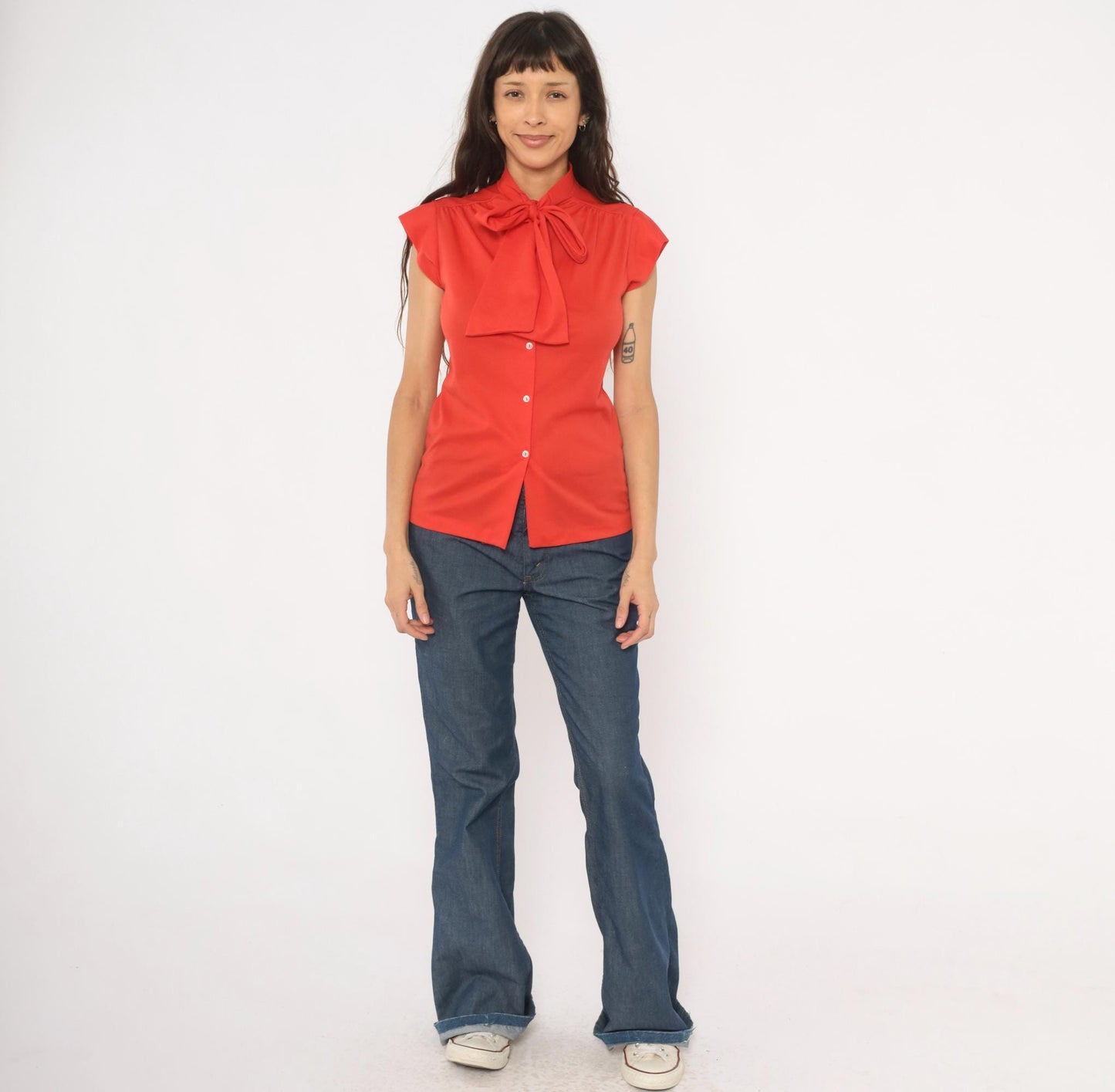 70s Red Bow Neck Blouse Cap Sleeve Button Front Polyester Small S