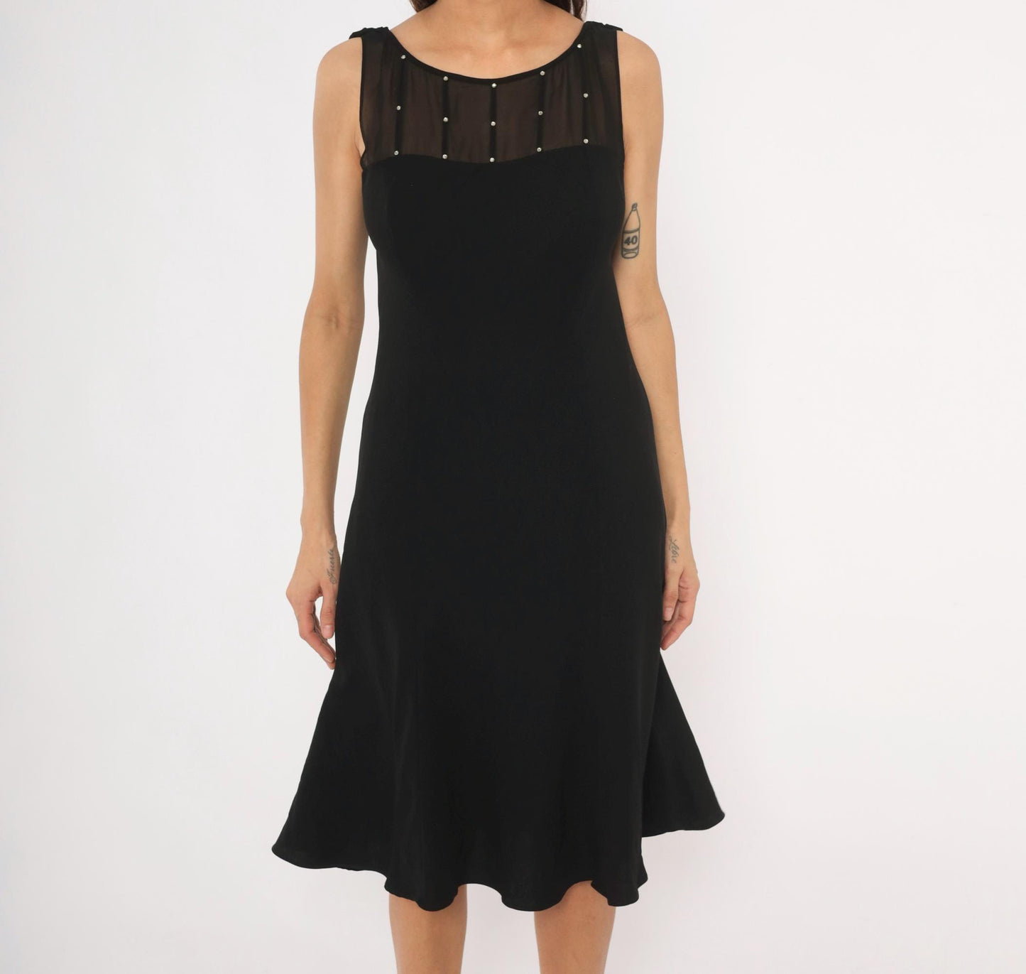 90s Evan-Picone Black Rhinestone Mesh Yoke Knee-Length Dress Medium M