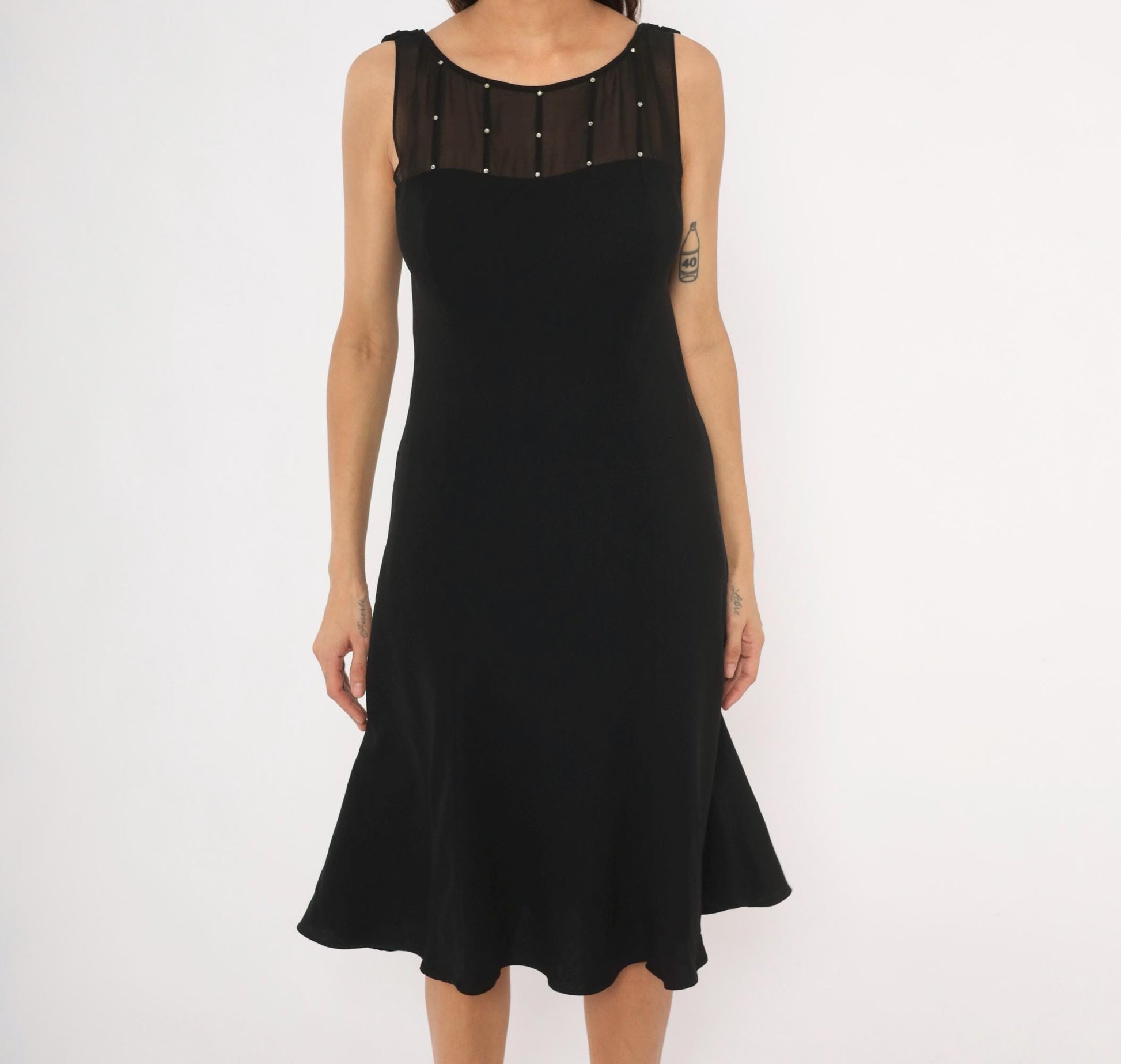 90s Evan-Picone Black Rhinestone Mesh Yoke Knee-Length Dress Medium M