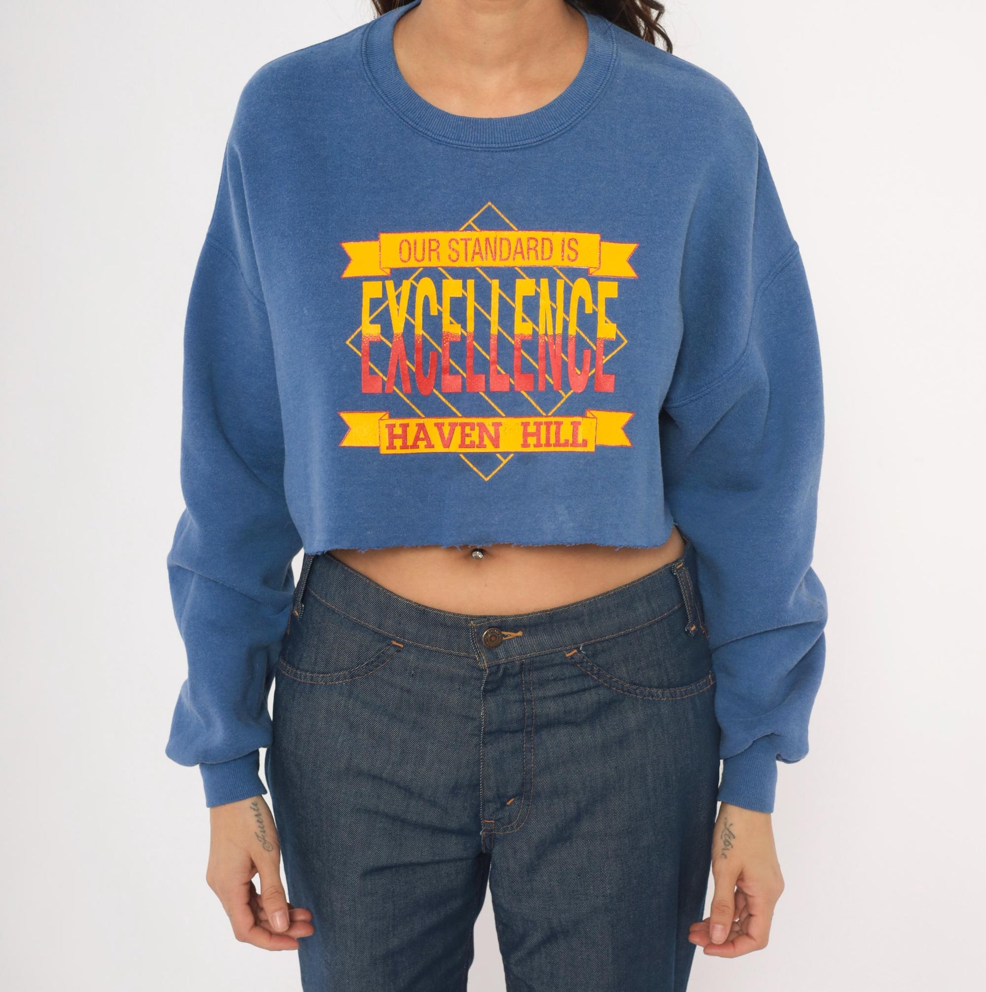 90s Jerzees Haven Hill Cropped Sweatshirt Cobalt Blue Graphic Crewneck Extra Large XL