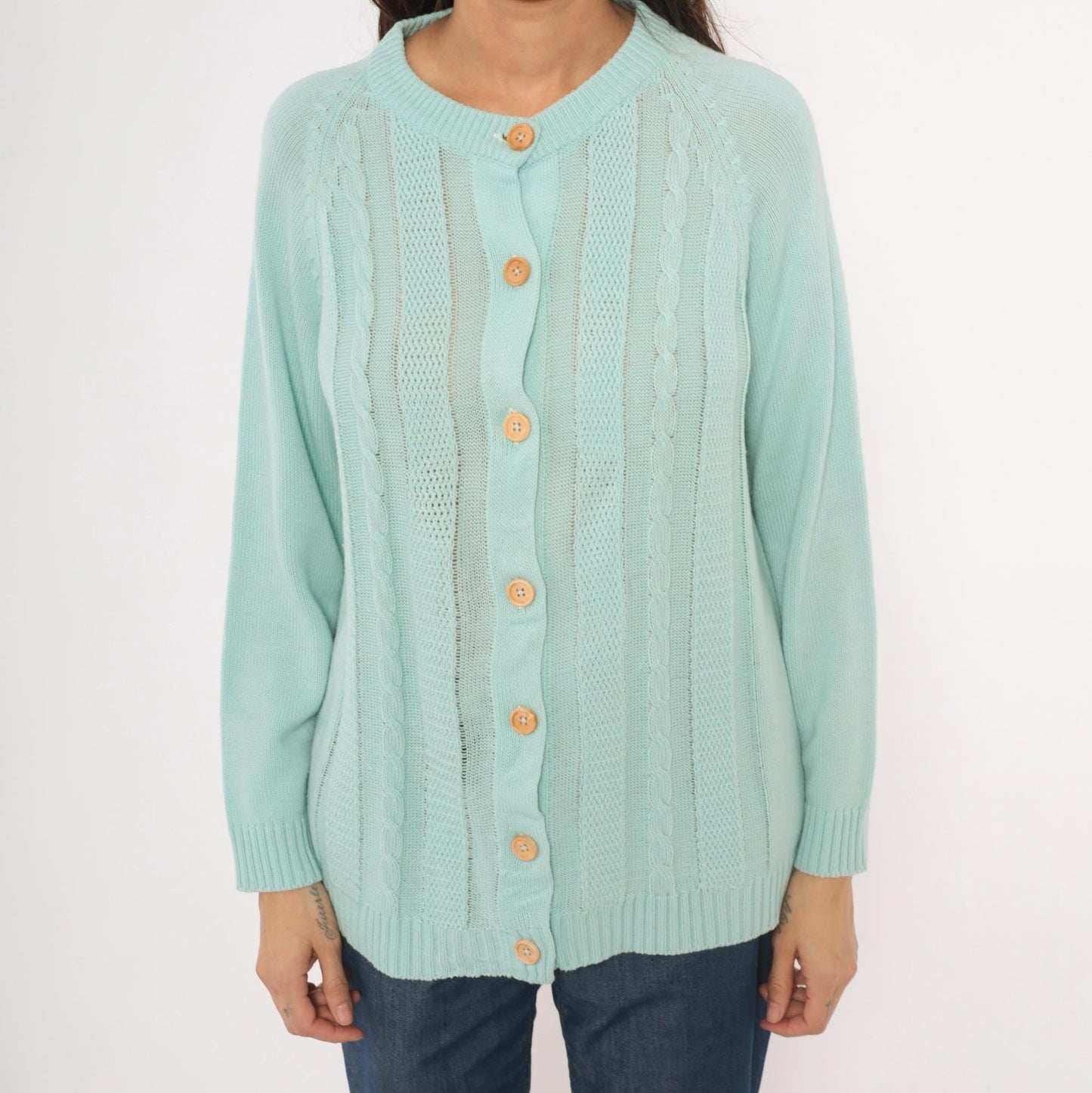 80s Seafoam Cable Knit Cardigan Mint Green Crewneck Medium M