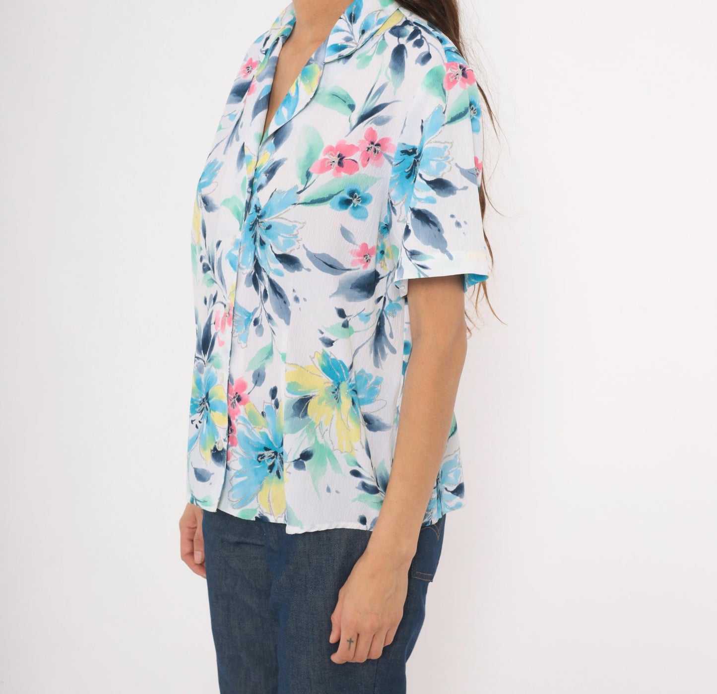90s Alfred Dunner Watercolor Floral Camp Collar Blouse Blue Pink Yellow Extra Large XL