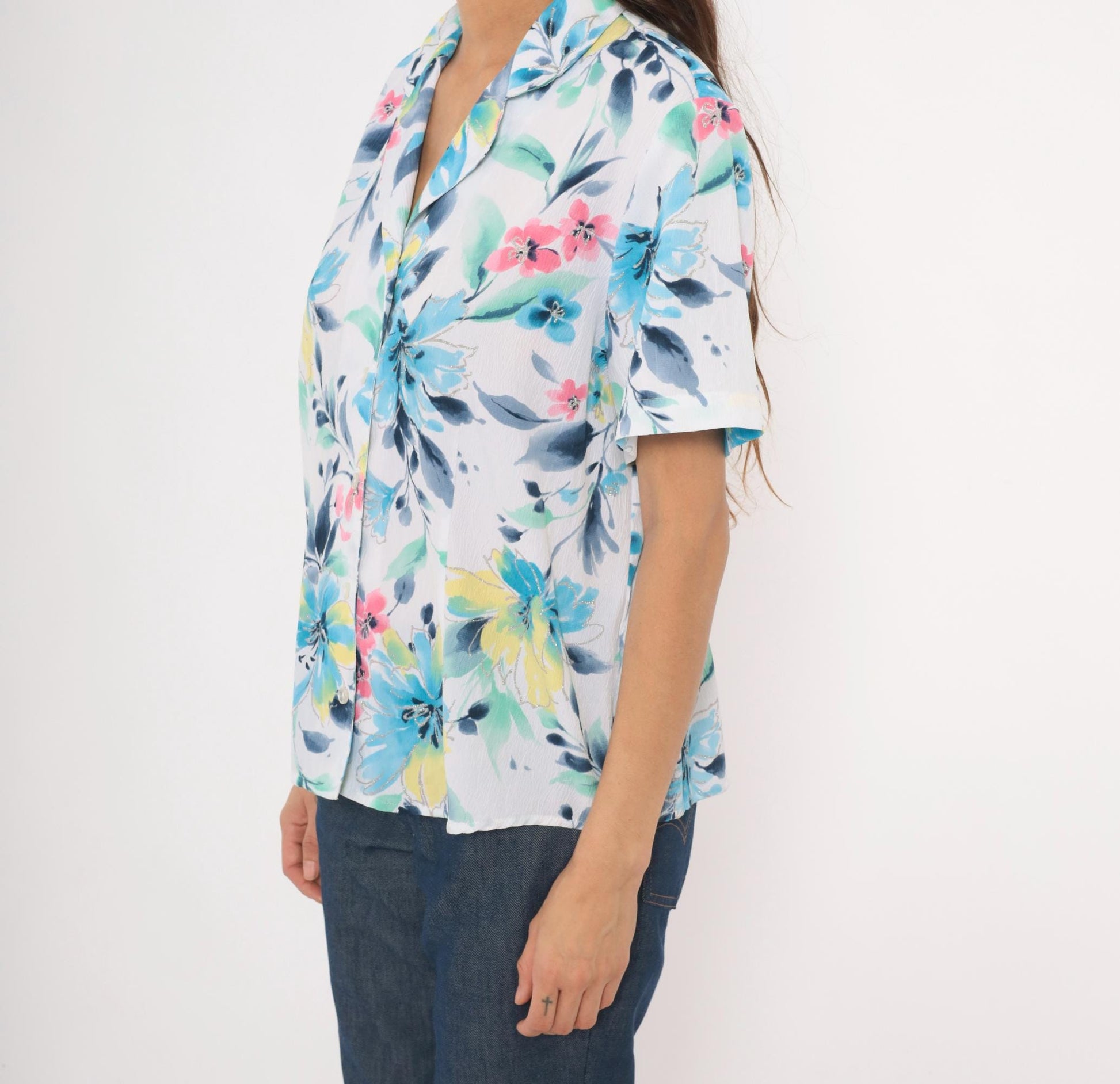 90s Alfred Dunner Watercolor Floral Camp Collar Blouse Blue Pink Yellow Extra Large XL