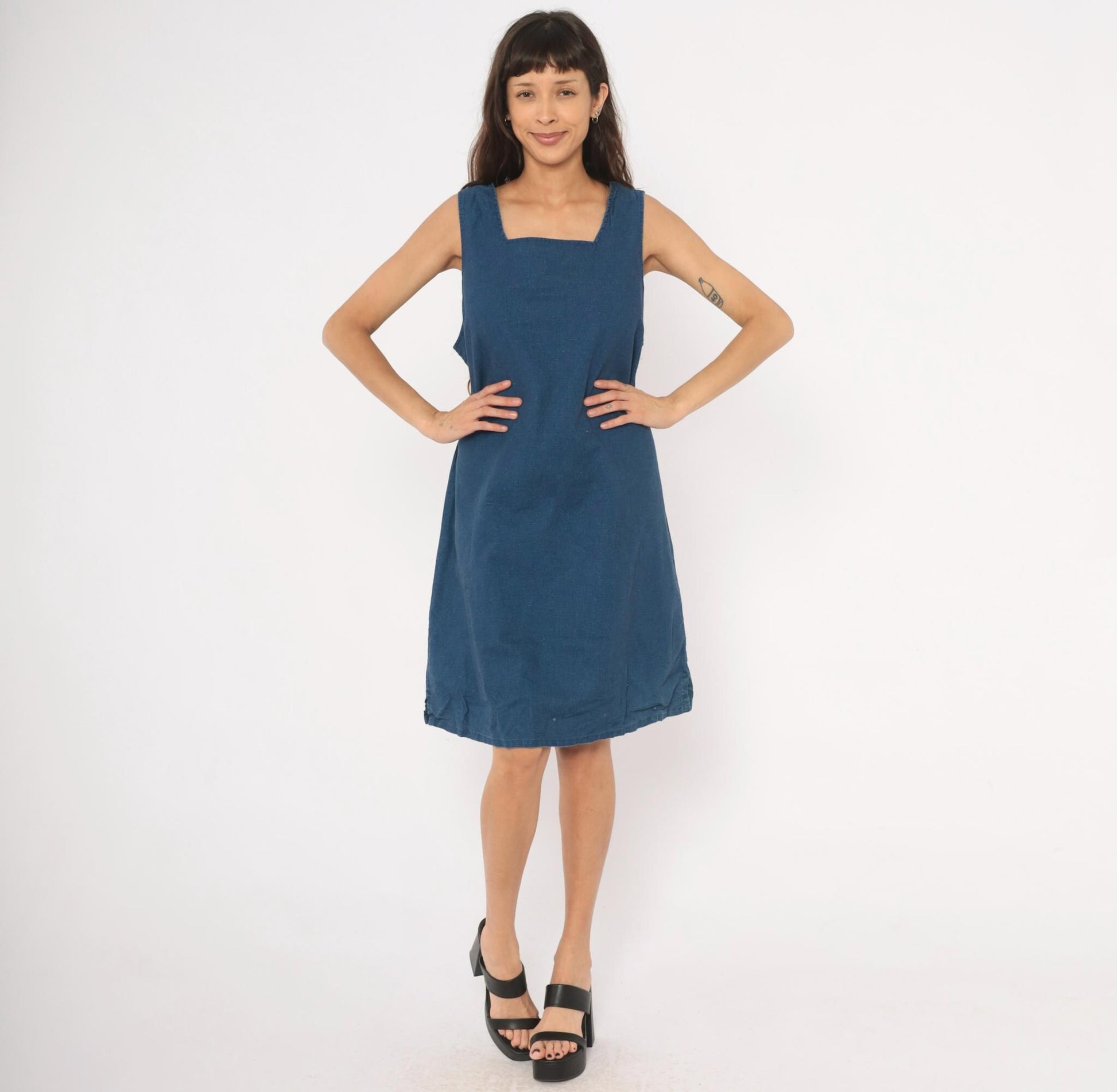90s Portraits Navy Denim Shift Dress Square Neck Knee-Length Cotton Extra Large XL