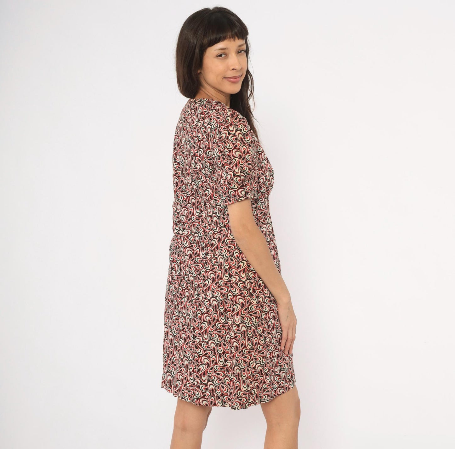 90s Psychedelic Swirl V-Neck Puff Sleeve Dress Red Black White Cotton Large L