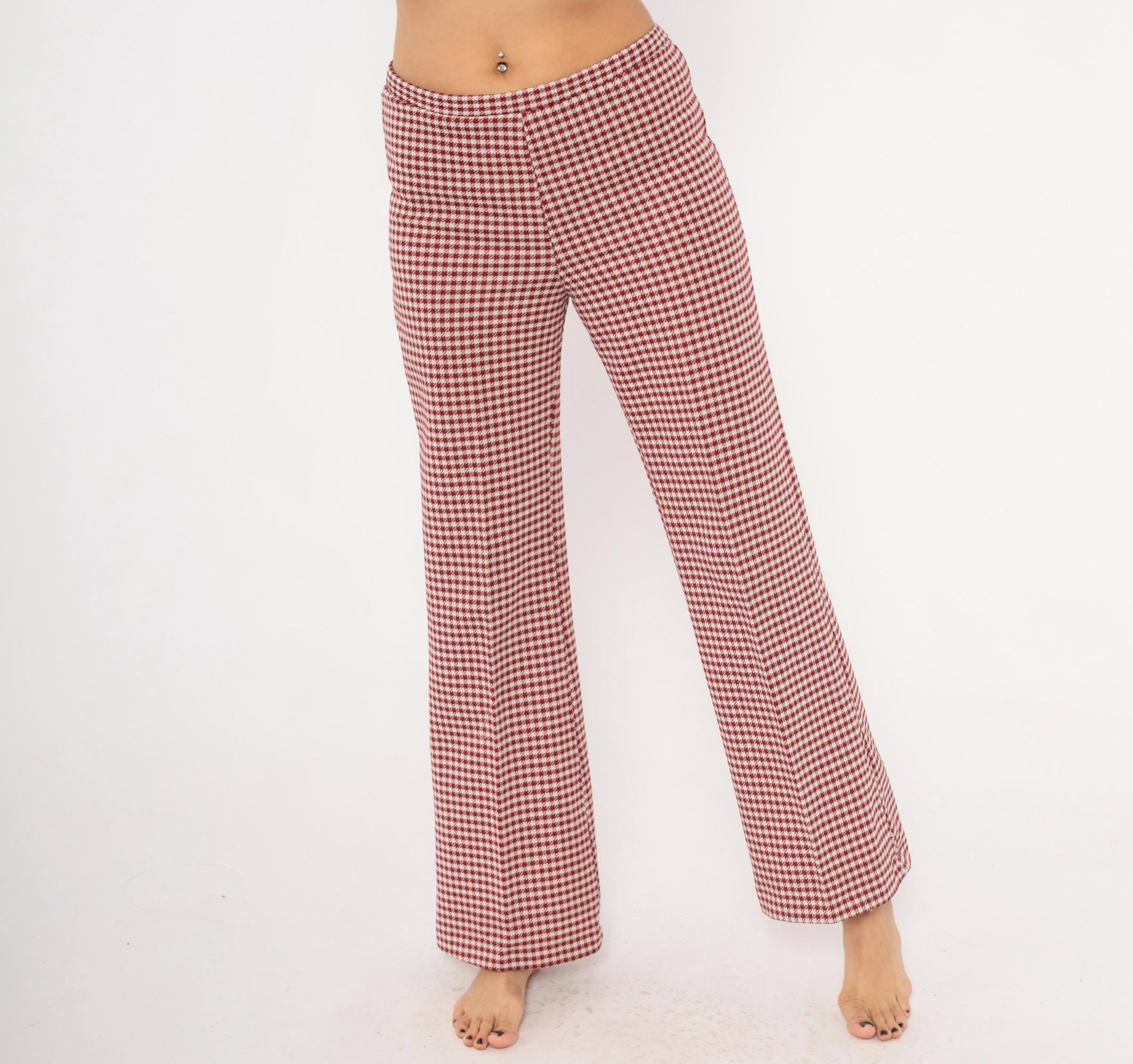 70s Houndstooth Flare Pants Burgundy Cream Low Rise Bell Bottom Medium