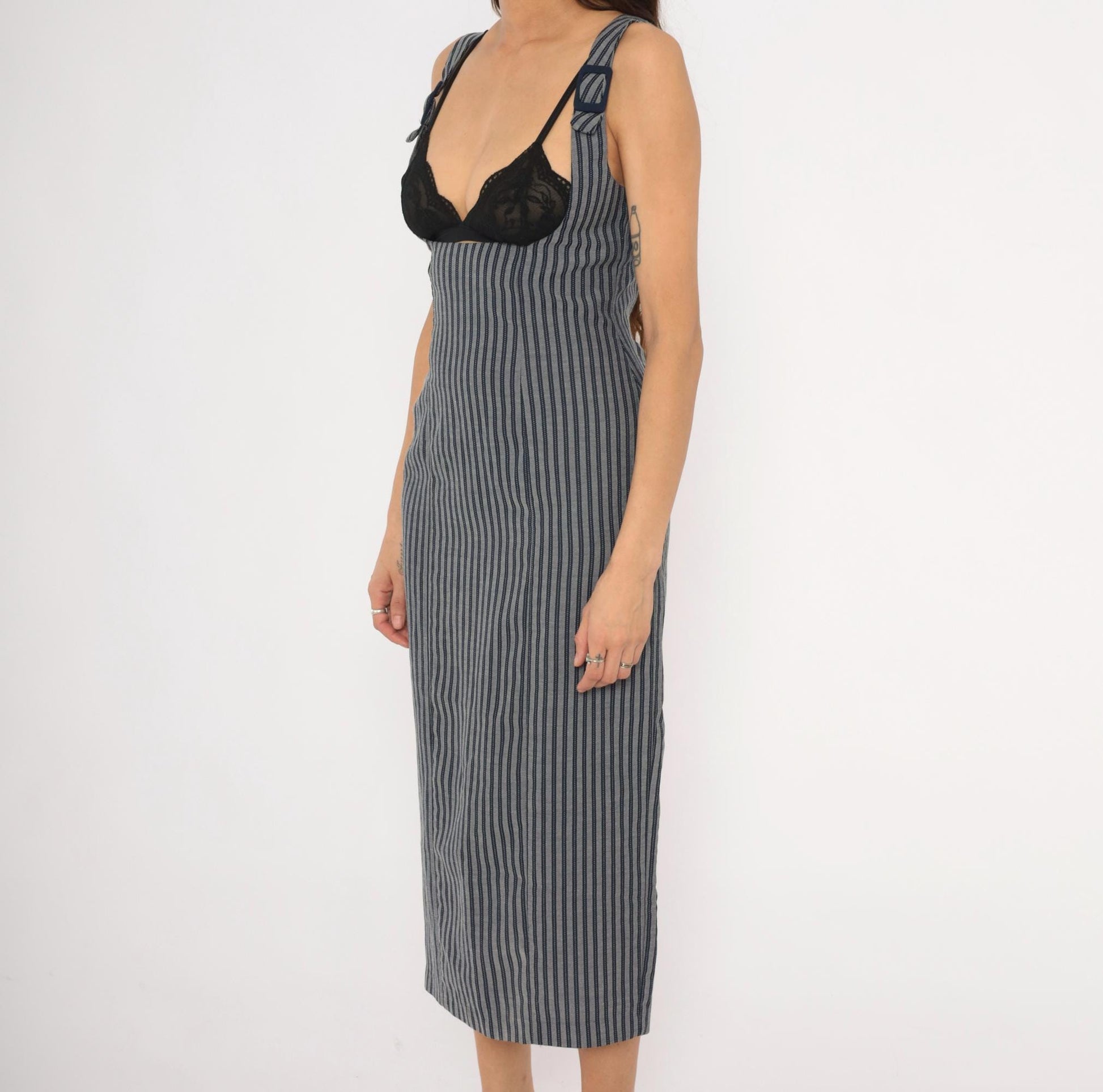 90s Rampage Navy Grey Pinstripe Midi Dress Fitted Sleeveless Small S