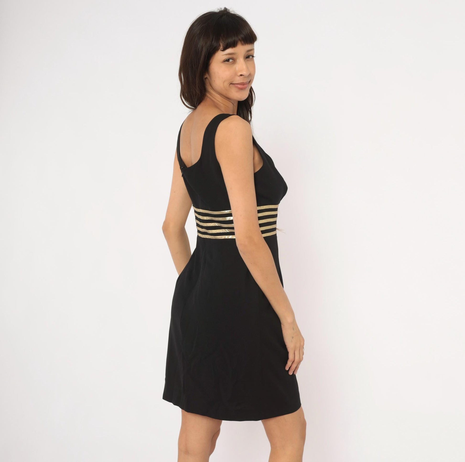 90s Datiani Black Mini Dress Gold Striped Waistband Sleeveless Medium M