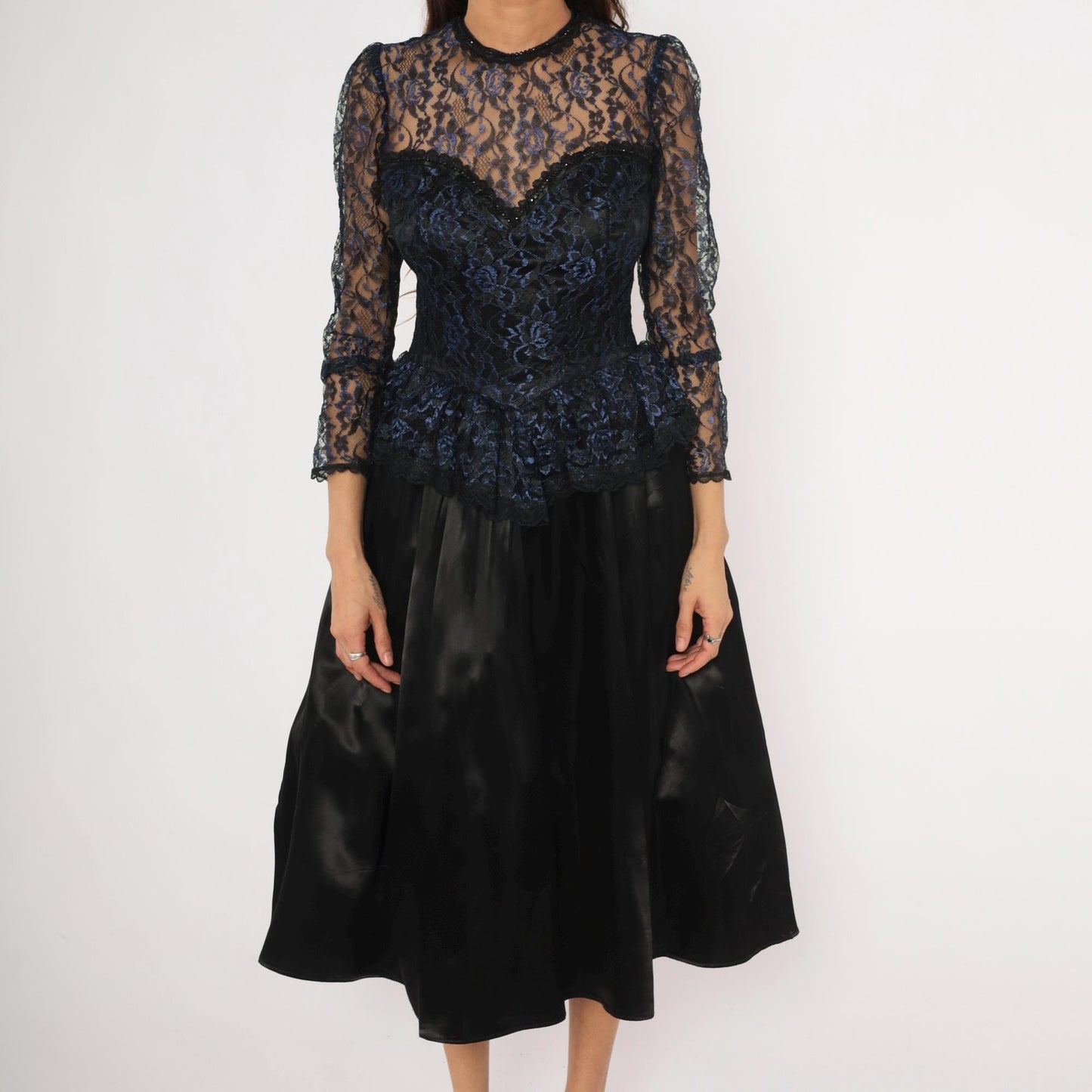 80s Gunne Sax Black Navy Floral Lace Peplum Sweetheart Gown Medium M